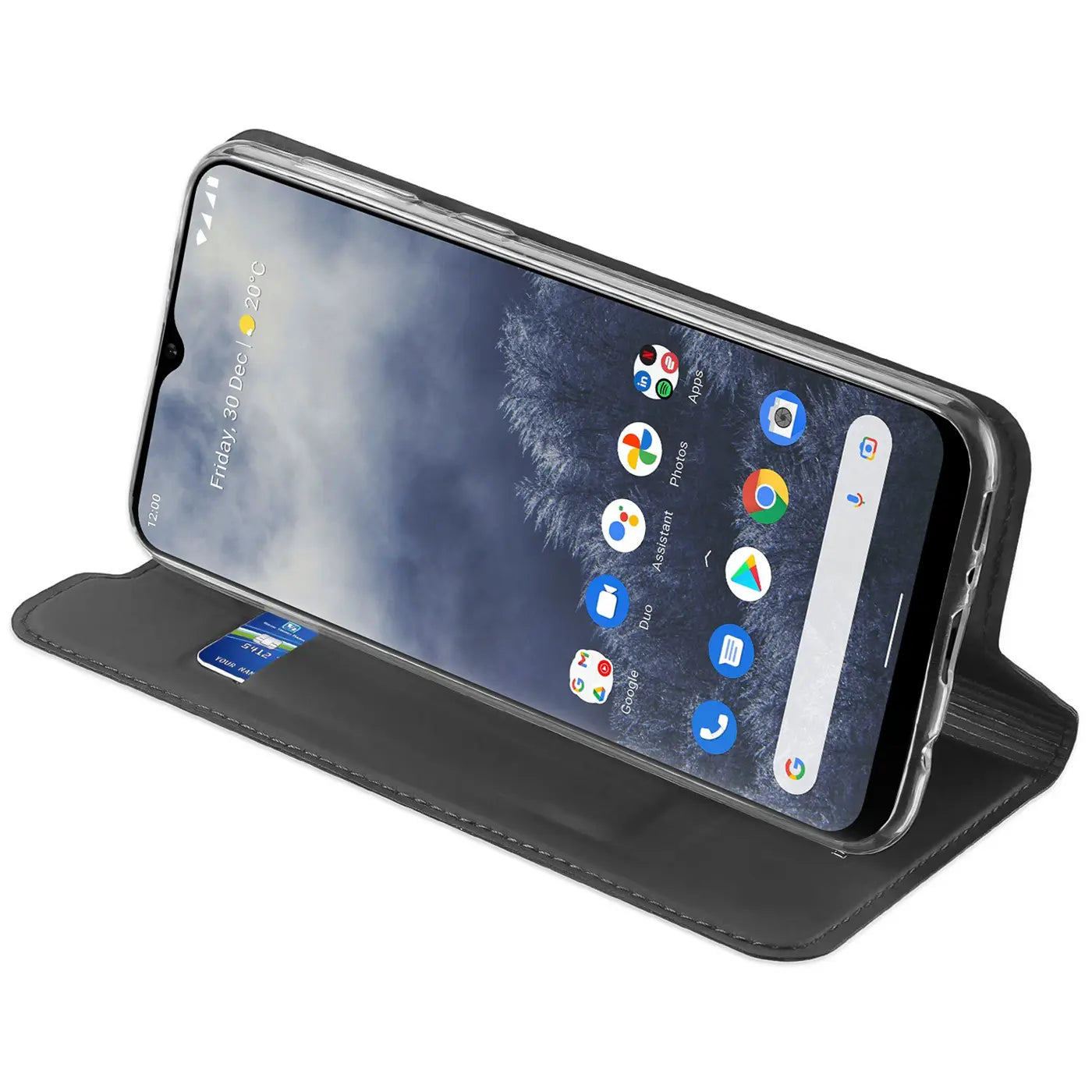 Graue Kunstleder-Flip-Hülle mit Kartenfach für Nokia G60 5G, Seitenansicht
