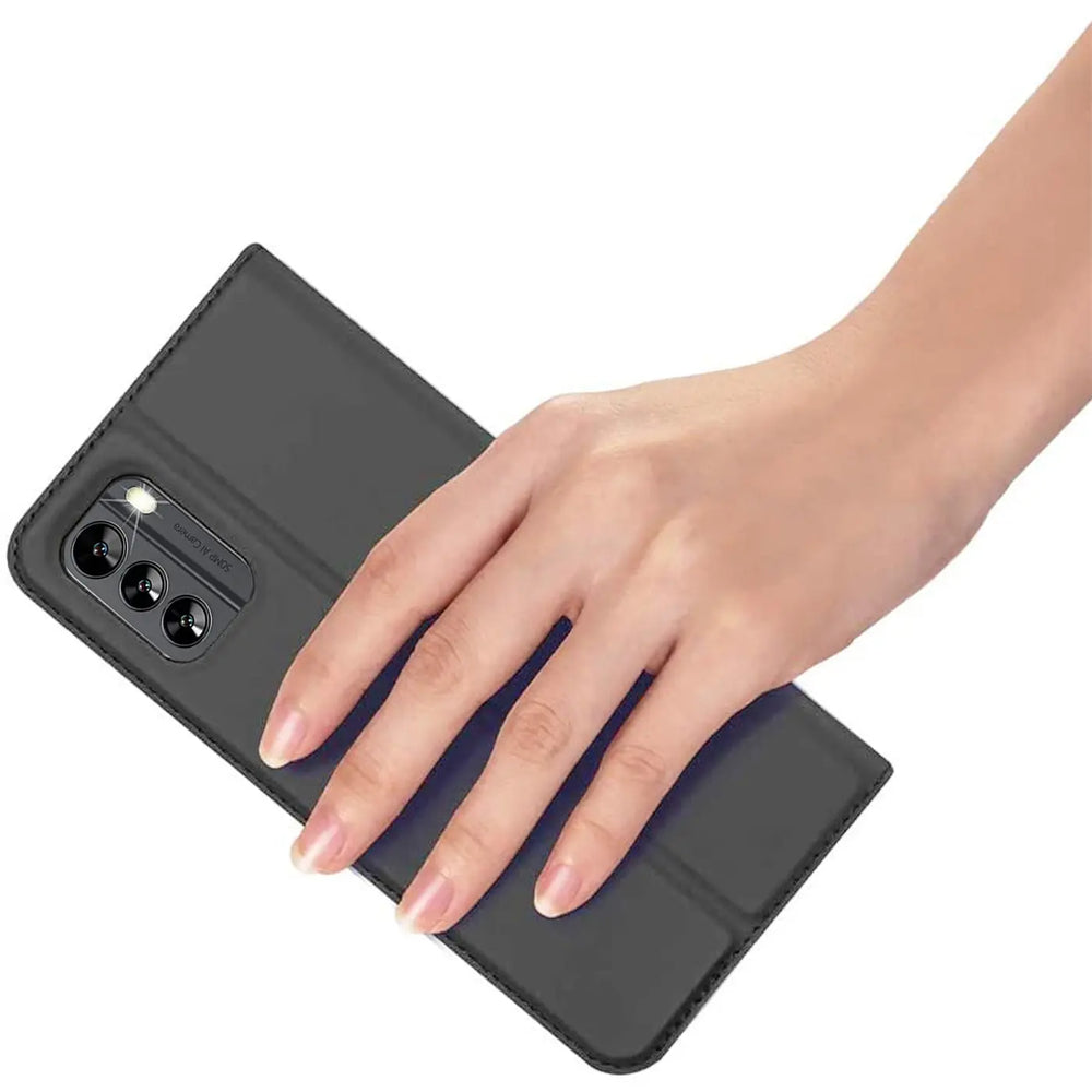 Graue Leder-Flip-Hülle für Nokia G60 5G, von oben betrachtet.