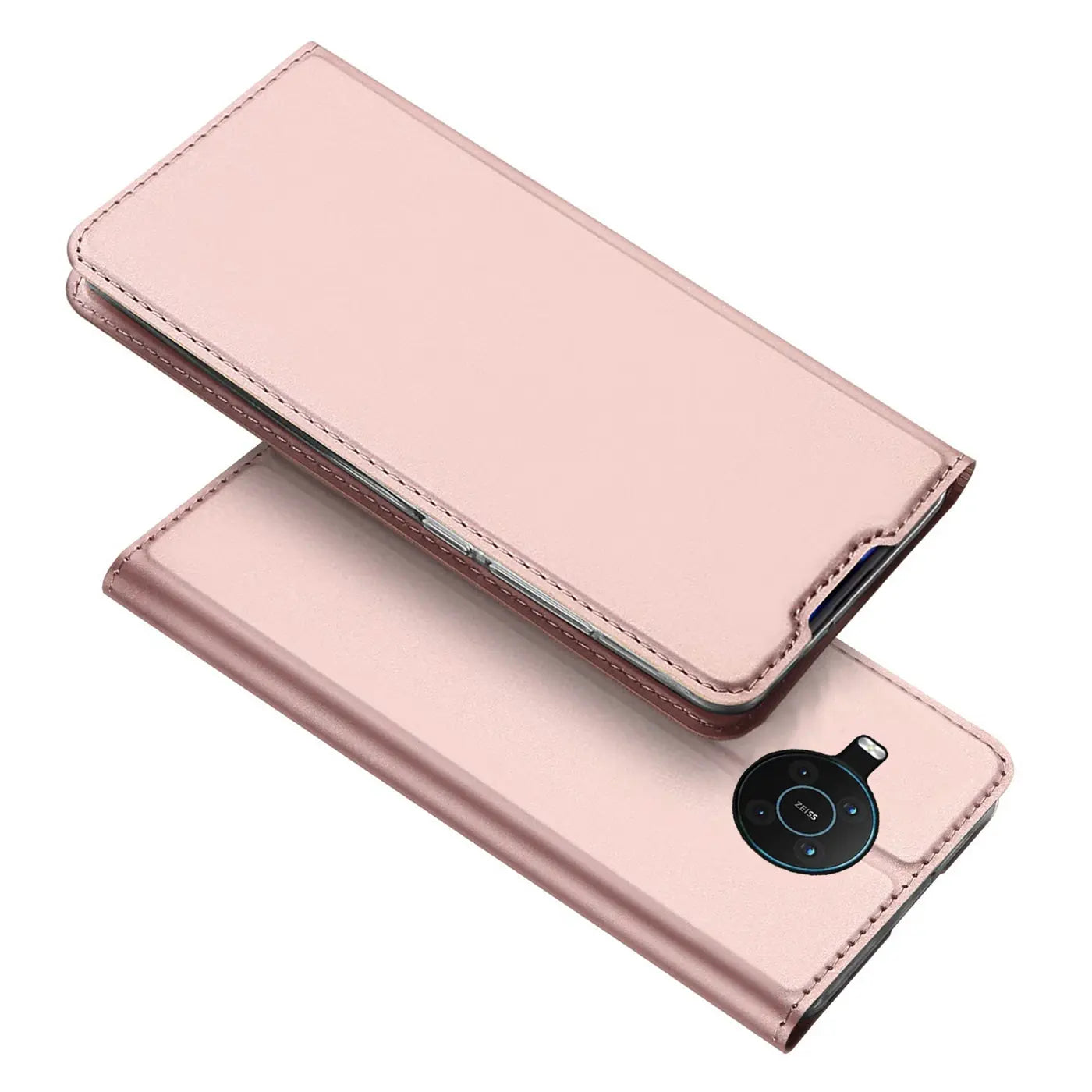Rosafarbene Metallic-Flip-Hülle aus Kunstleder für Nokia X20/X10, von oben/seitlich gezeigt.