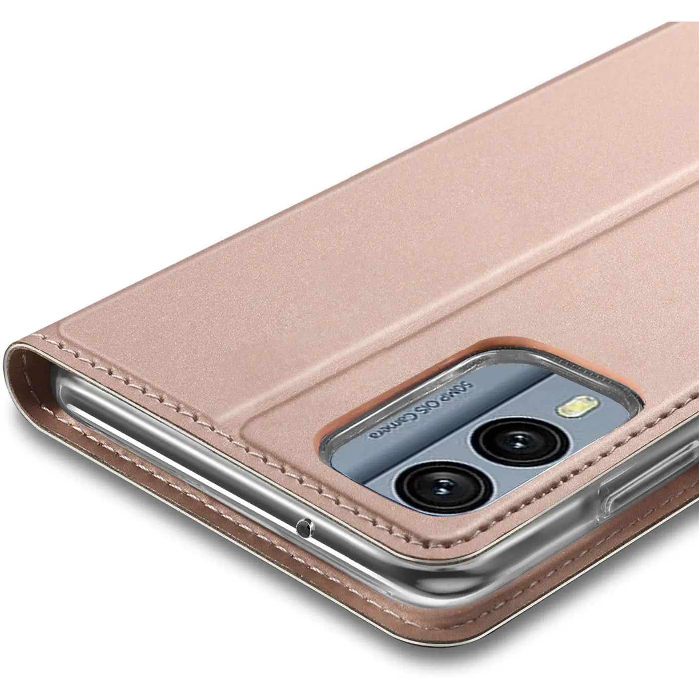 Rosafarbene Klapphülle aus Kunstleder für Nokia X30 5G, Nahaufnahme von hinten.