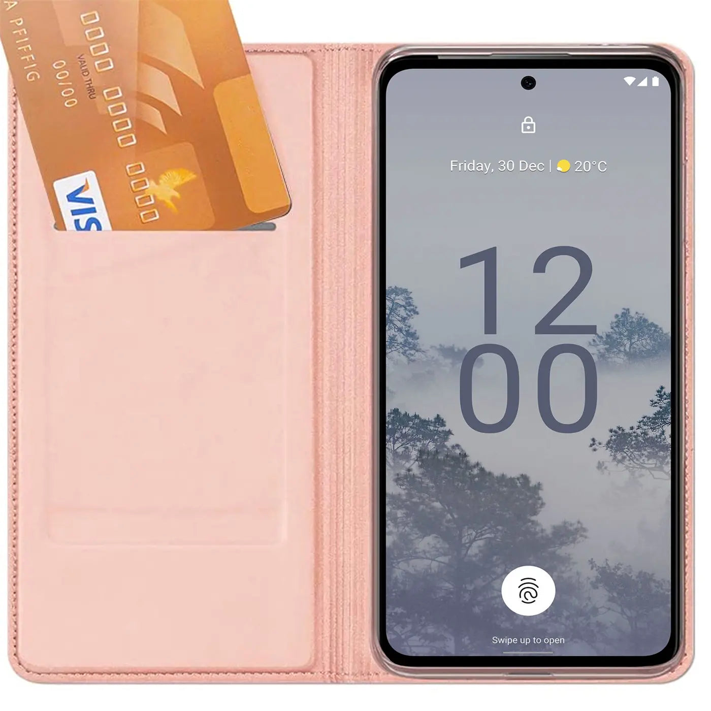 Rosa Leder-Flip-Hülle mit Kartenfach, zeigt Nokia X30 5G von vorne.