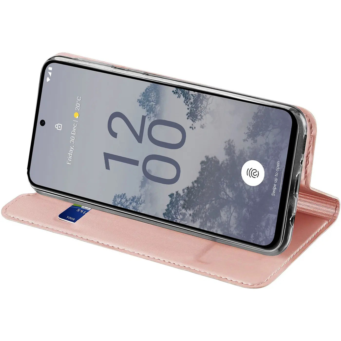 Rosa Leder Flip Hülle, seitliche Ansicht, Nokia X30 5G mit Karte