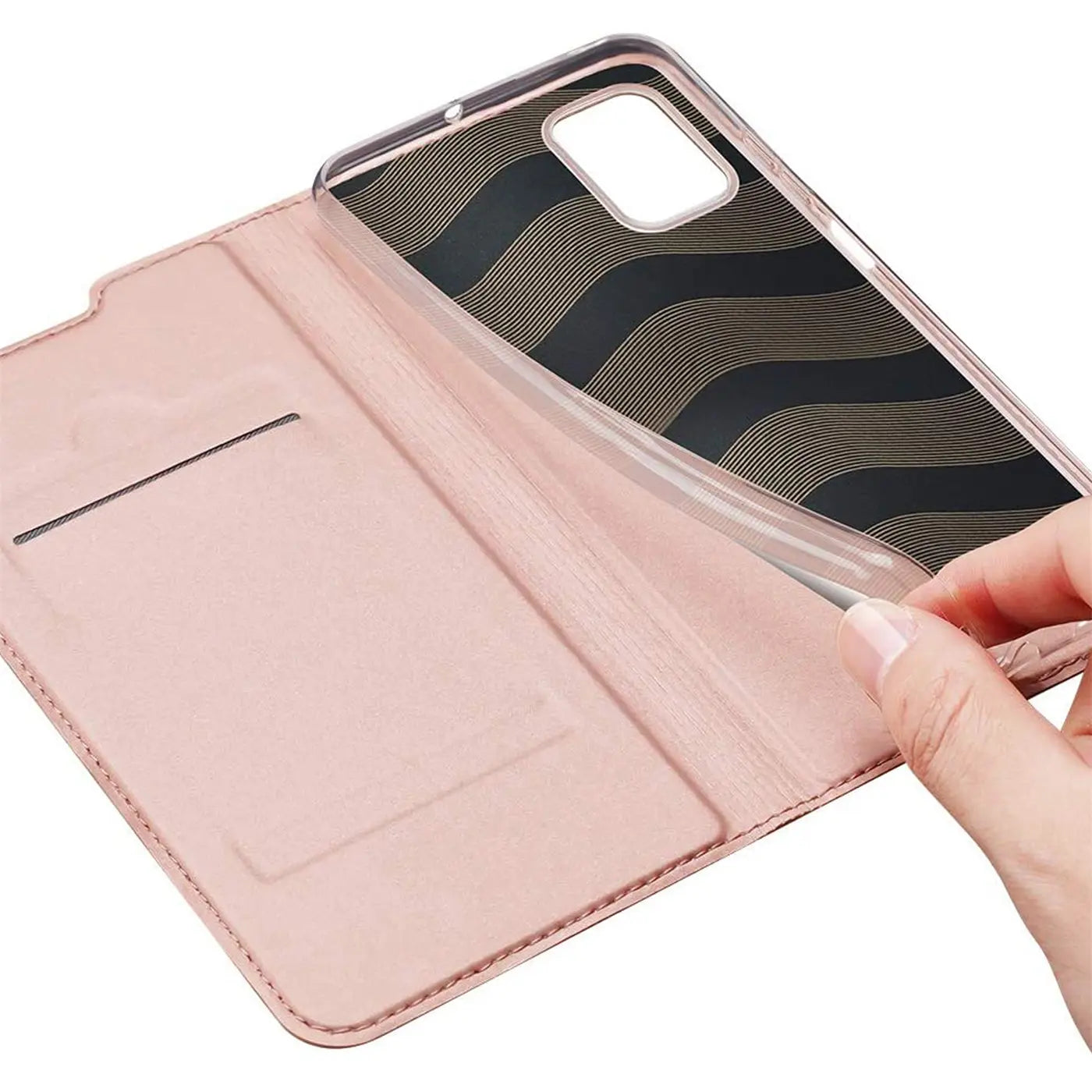 Rosa Leder-Flip-Hülle mit transparentem Einsatz für Nokia X30 5G.