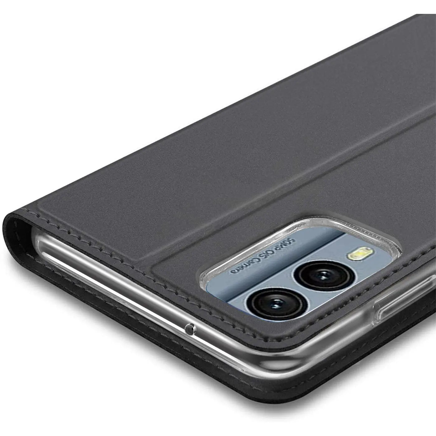 Graue Leder-Flip-Hülle, Nahaufnahme, zeigt Kamera des Nokia X30 5G.