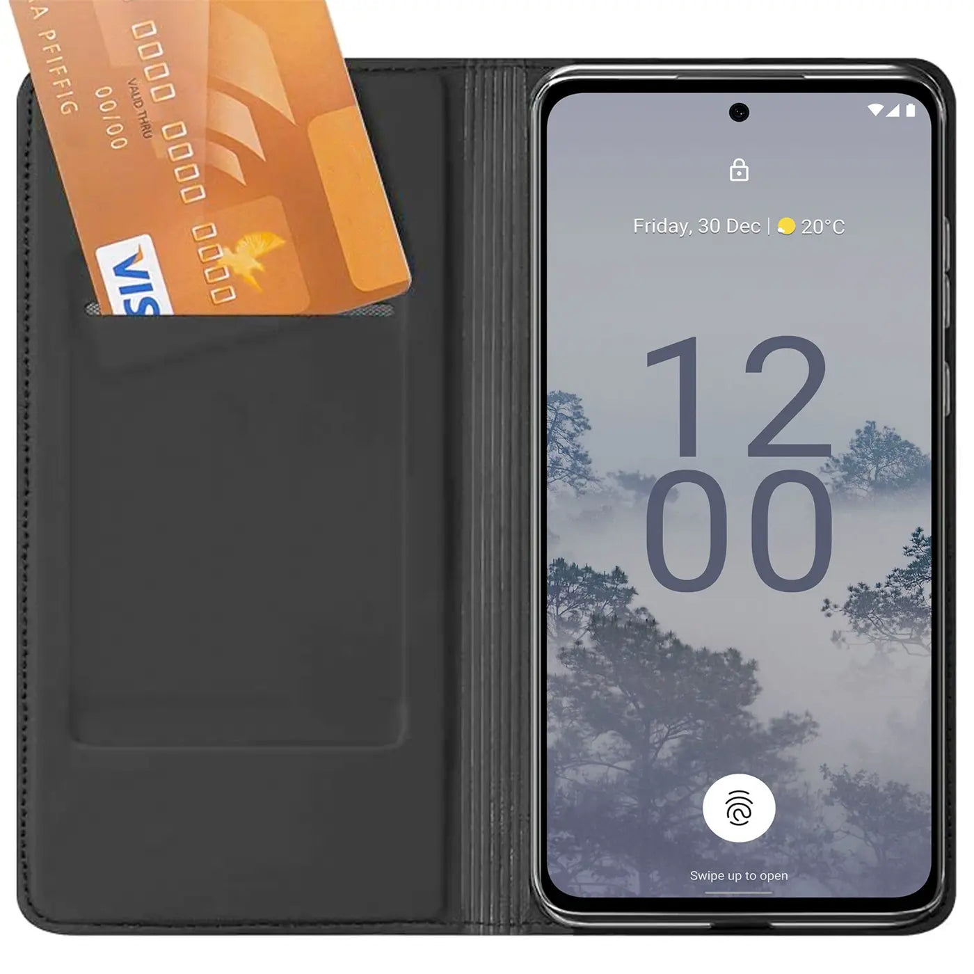 Schwarze Leder-Flip-Hülle mit Kartenfach, zeigt Nokia X30 5G von vorne.