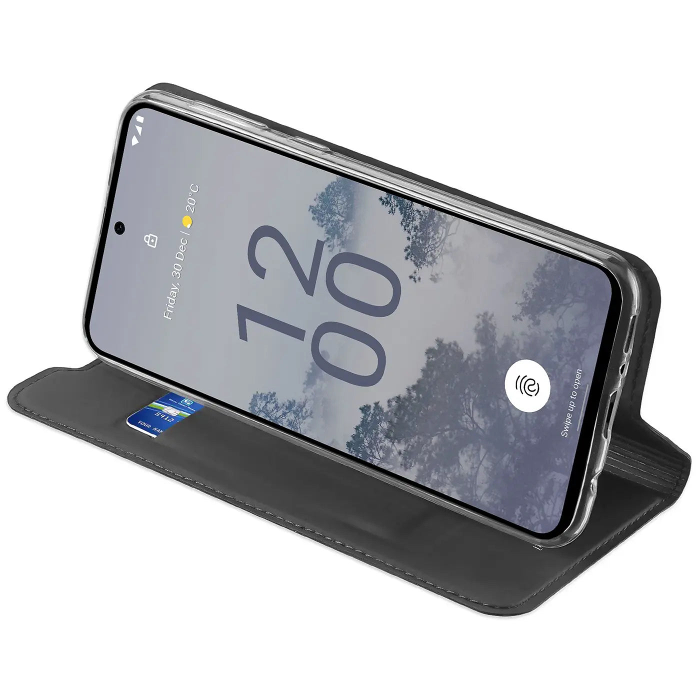 Graue Kunstleder-Flip-Hülle mit Kartenfach für Nokia X30 5G, Seitenansicht.