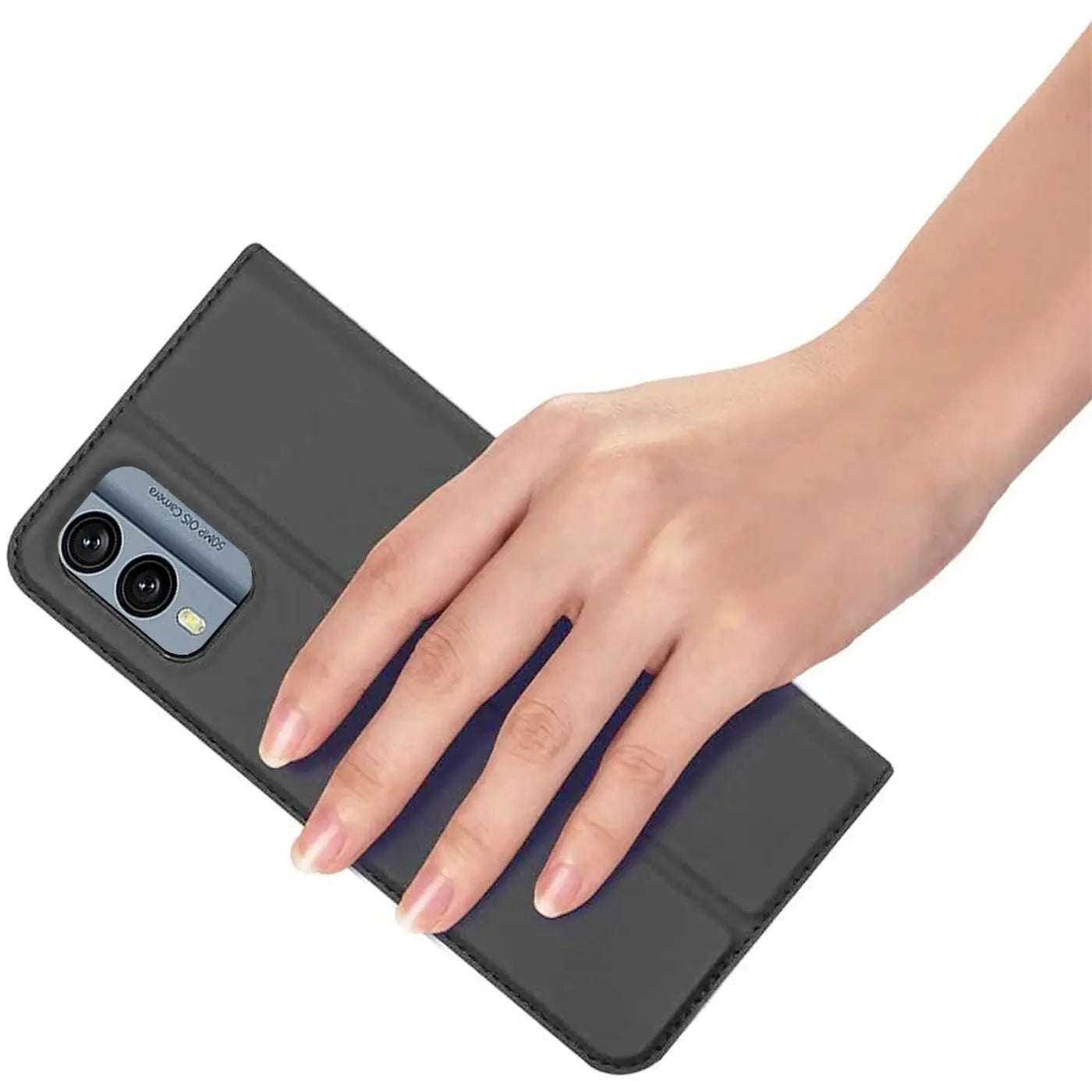 Graue Kunstleder-Flip-Hülle für Nokia X30 5G, von oben gezeigt.