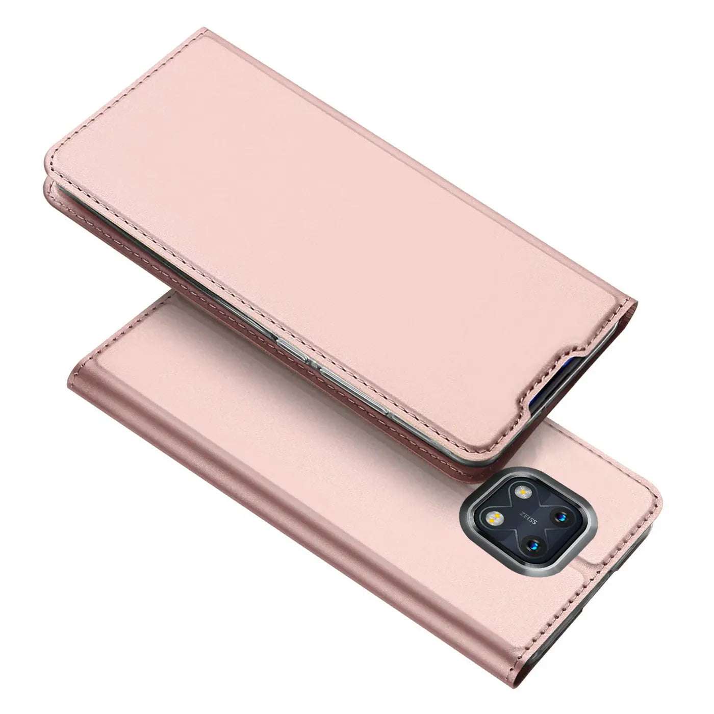 Rosafarbene Klapphülle aus Kunstleder für Nokia XR20, von oben schräg fotografiert.