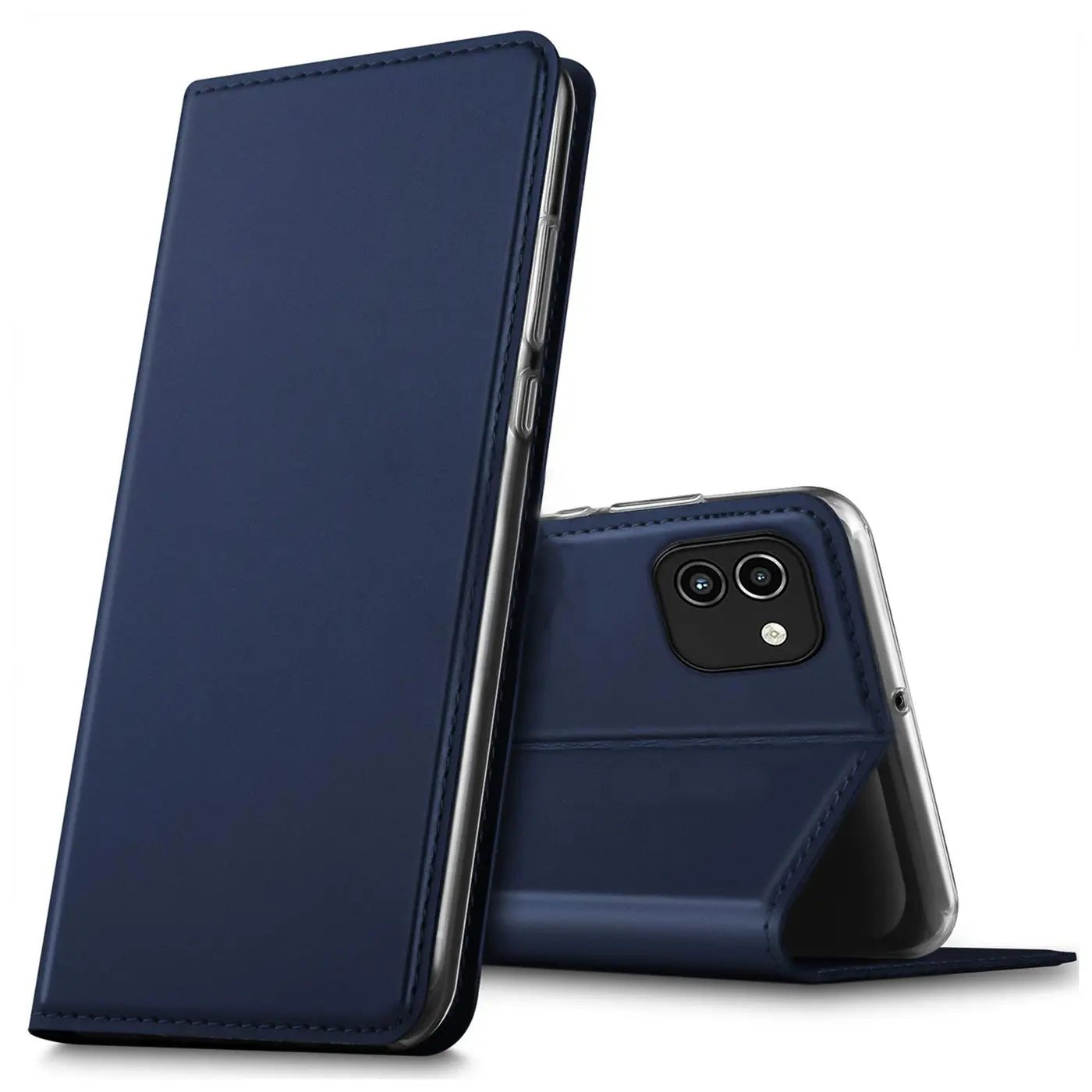 Dunkelblaue Klapphülle aus Kunstleder, Vorderansicht, Samsung Galaxy A03.