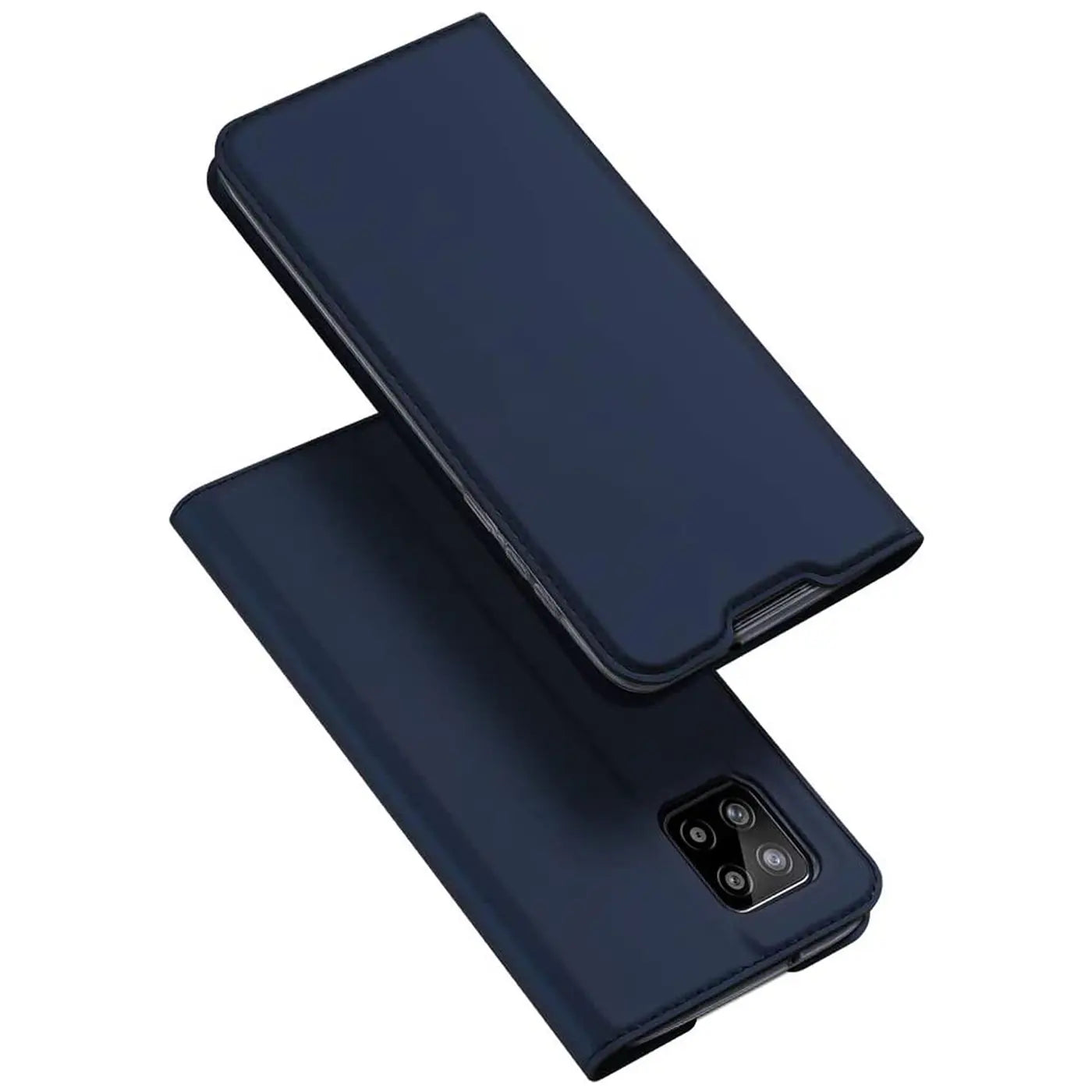 Dunkelblaue Kunstleder-Flip-Hülle für Samsung Galaxy A03, von schräg oben gezeigt.