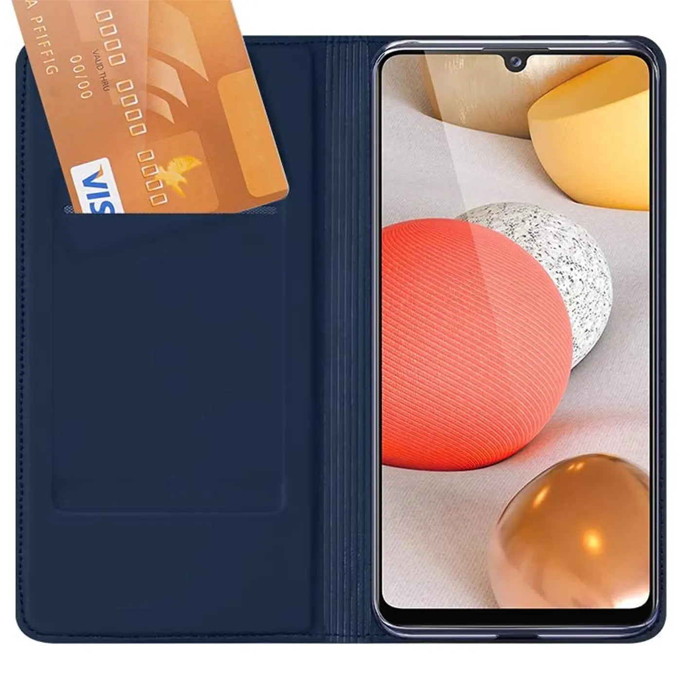 Dunkelblaue Klapphülle aus Kunstleder mit Kartenfach, zeigt Samsung Galaxy A03.