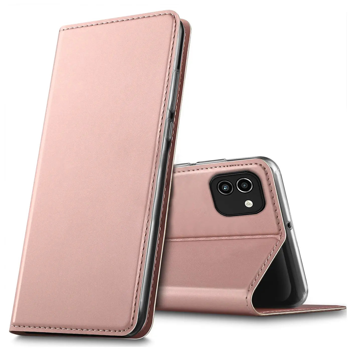 Rosafarbene Leder-Flip-Hülle für Samsung Galaxy A03, von vorne und hinten gezeigt.