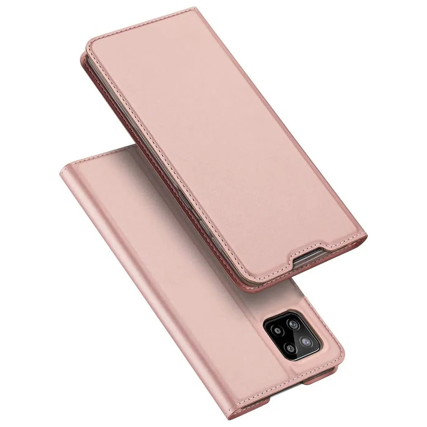 Metallic roséfarbene Klapphülle aus Kunstleder für Samsung Galaxy A03, von schräg oben fotografiert.