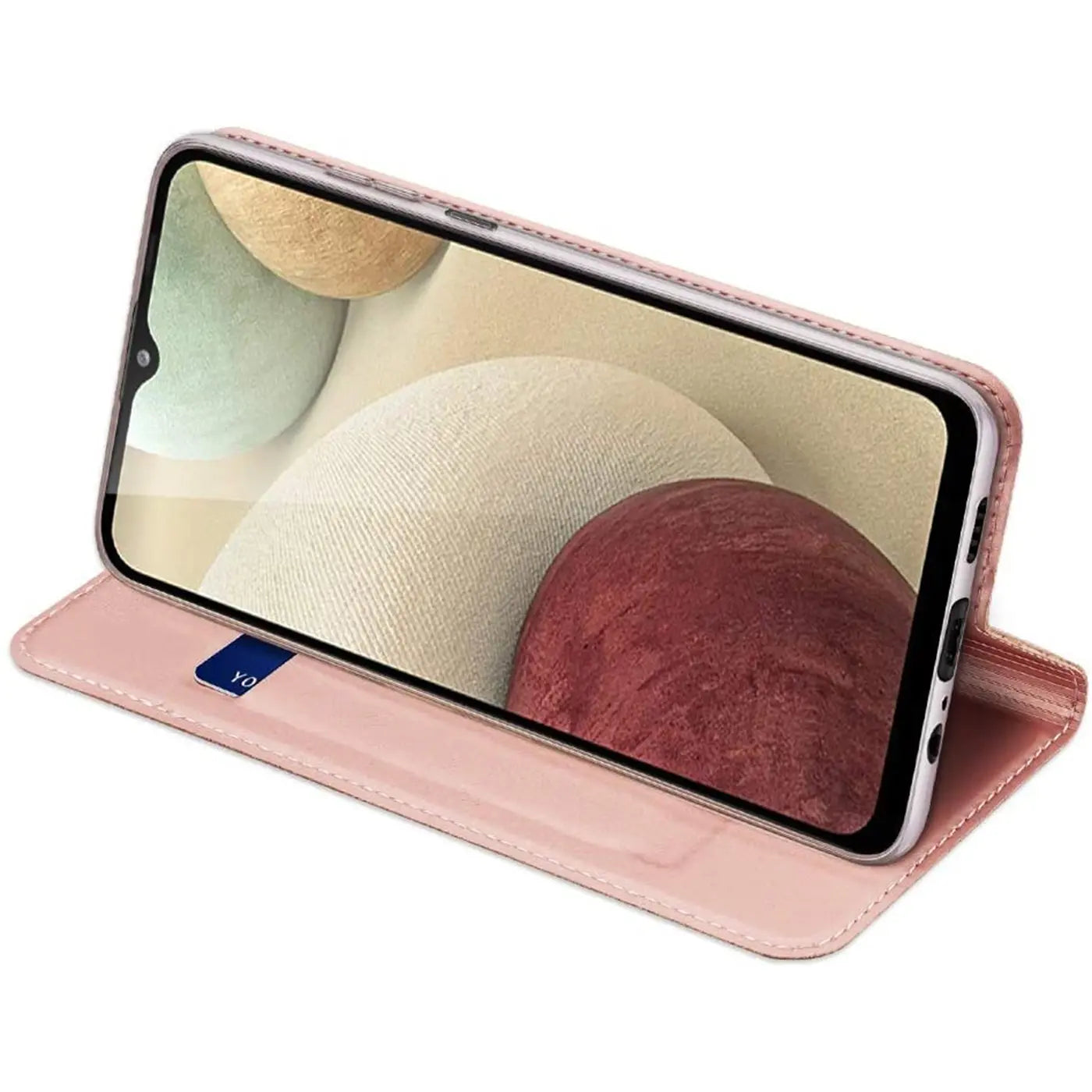 Rosa Kunstleder-Flip-Hülle, seitliche Ansicht, mit Samsung Galaxy A03