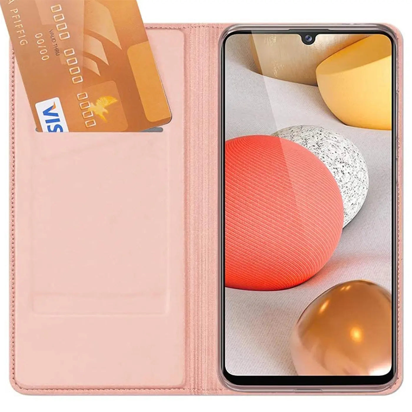 Rosa Kunstleder-Flip-Hülle mit Kartenfächern, geöffnet, zeigt Samsung Galaxy A03.