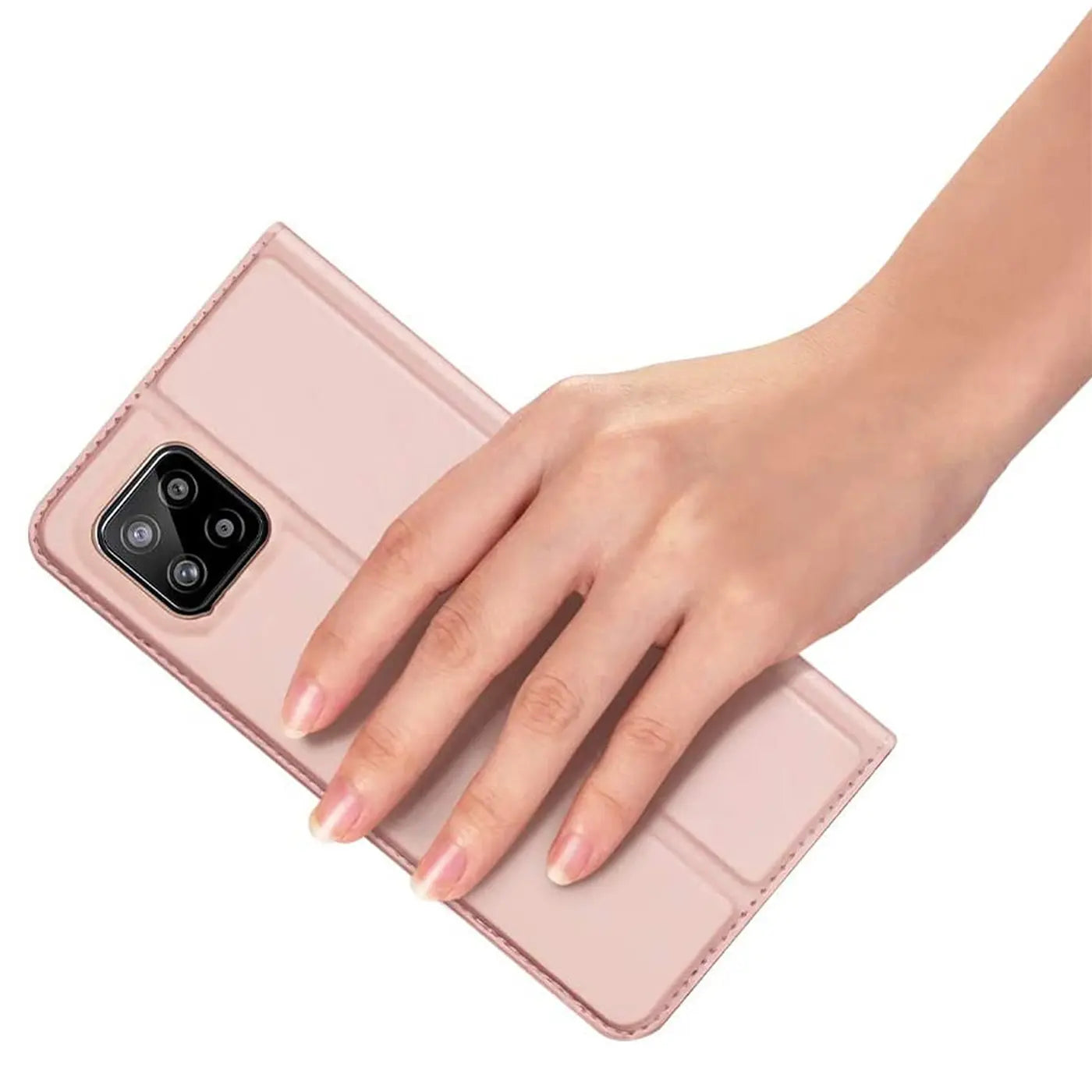 Rosa Metallic Flip Hülle, Lederoptik, von oben, Samsung Galaxy A03