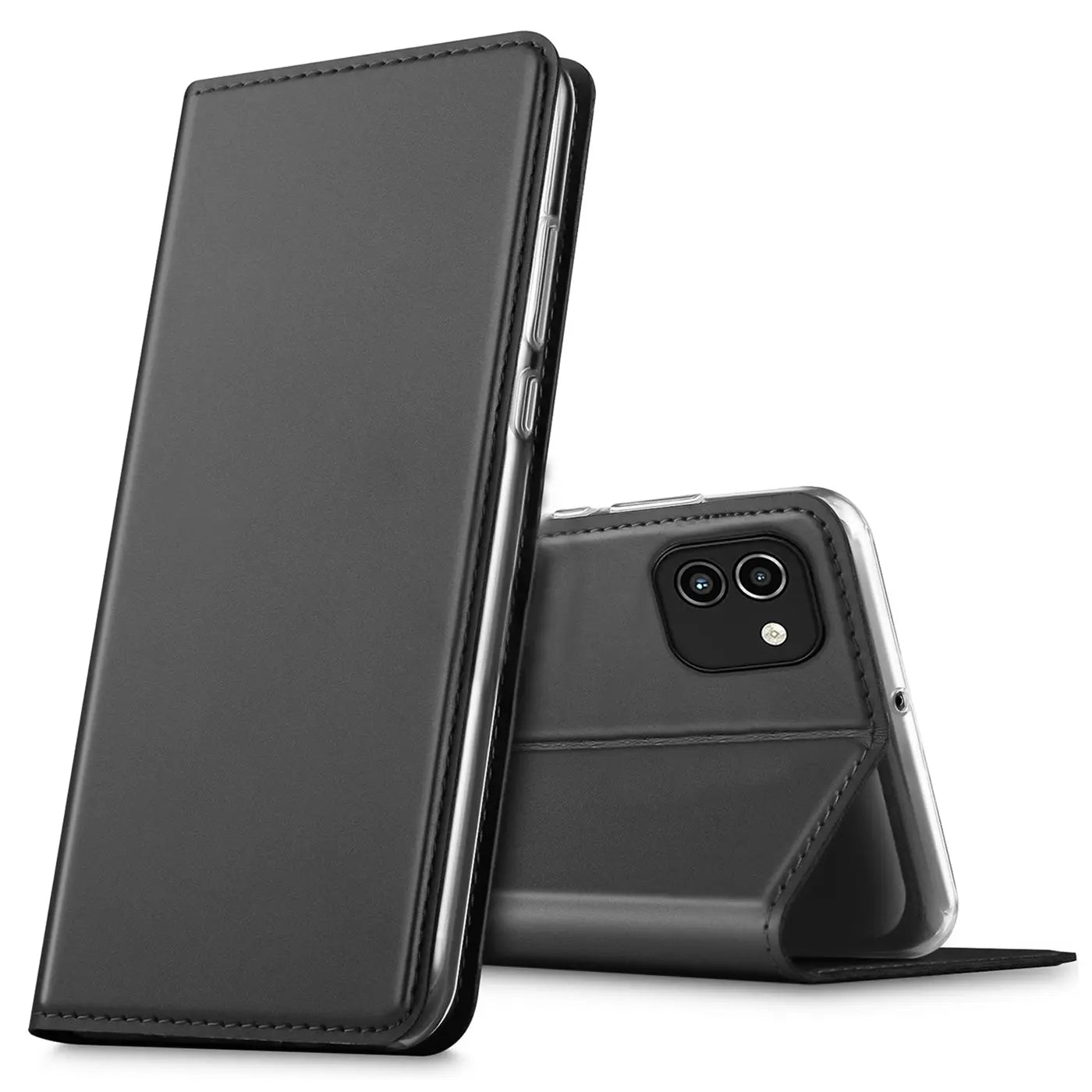 Schwarze Kunstleder-Flip-Hülle für Samsung Galaxy A03, von vorne und hinten gezeigt.