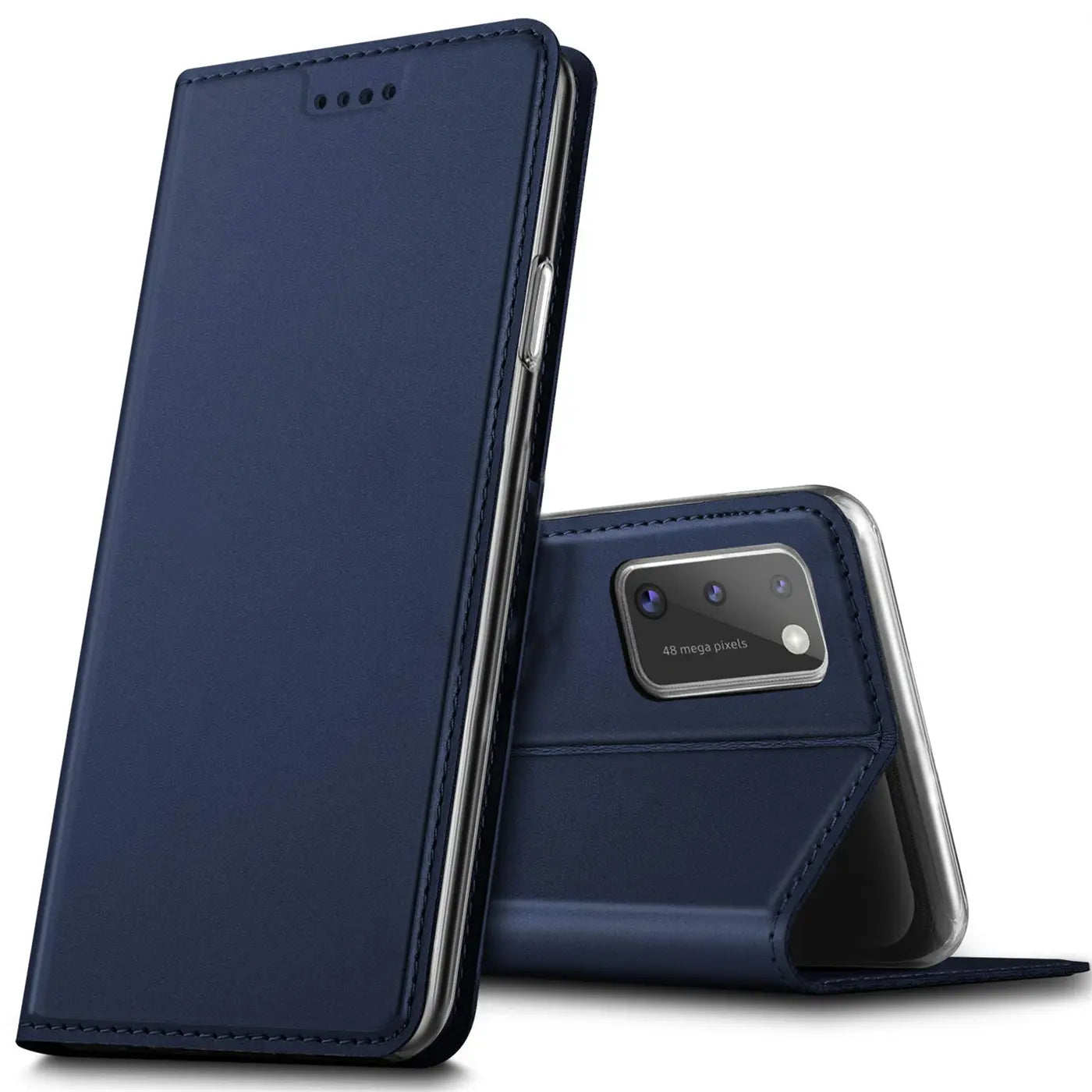Dunkelblaue Leder-Flip-Hülle für Samsung Galaxy A03s, von vorne, offen
