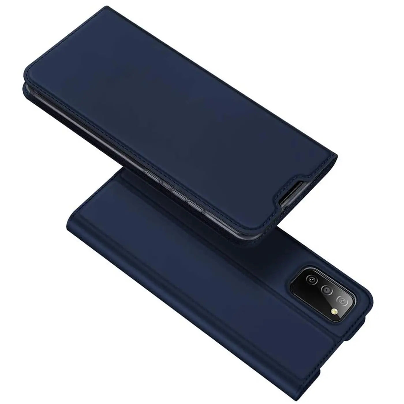 Dunkelblaue Klapphülle aus Leder für Samsung Galaxy A03s, von oben betrachtet.