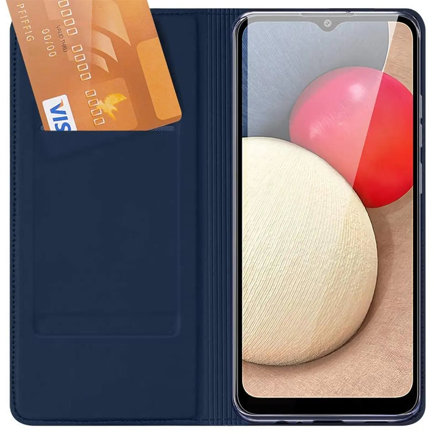 Dunkelblaue Klapphülle aus Kunstleder mit Kreditkartenfach, zeigt Samsung Galaxy A03s.