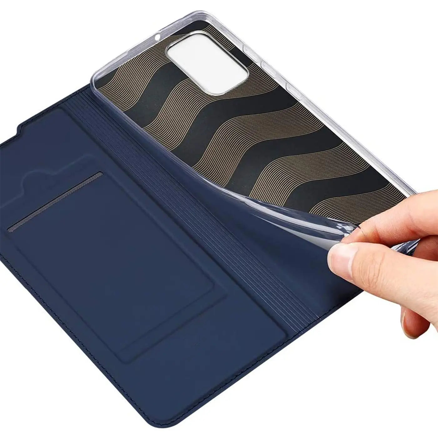 Dunkelblaue Leder-Flip-Hülle mit Kartenfach, zeigt Rückseite eines Samsung A03s.