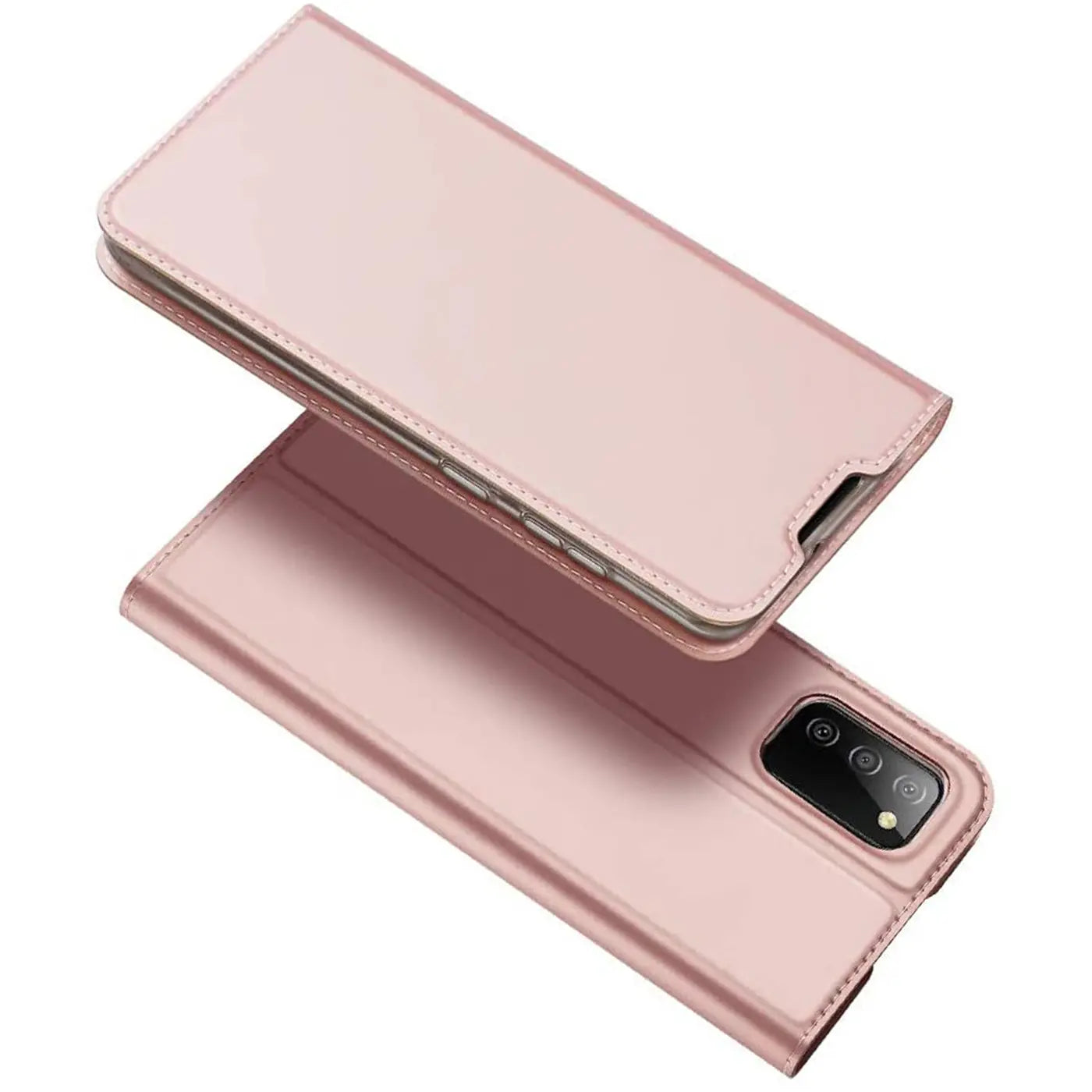 Metallic roségoldene Flip-Hülle aus Kunstleder, offen, zeigt Rückseite eines Samsung Galaxy A03s.