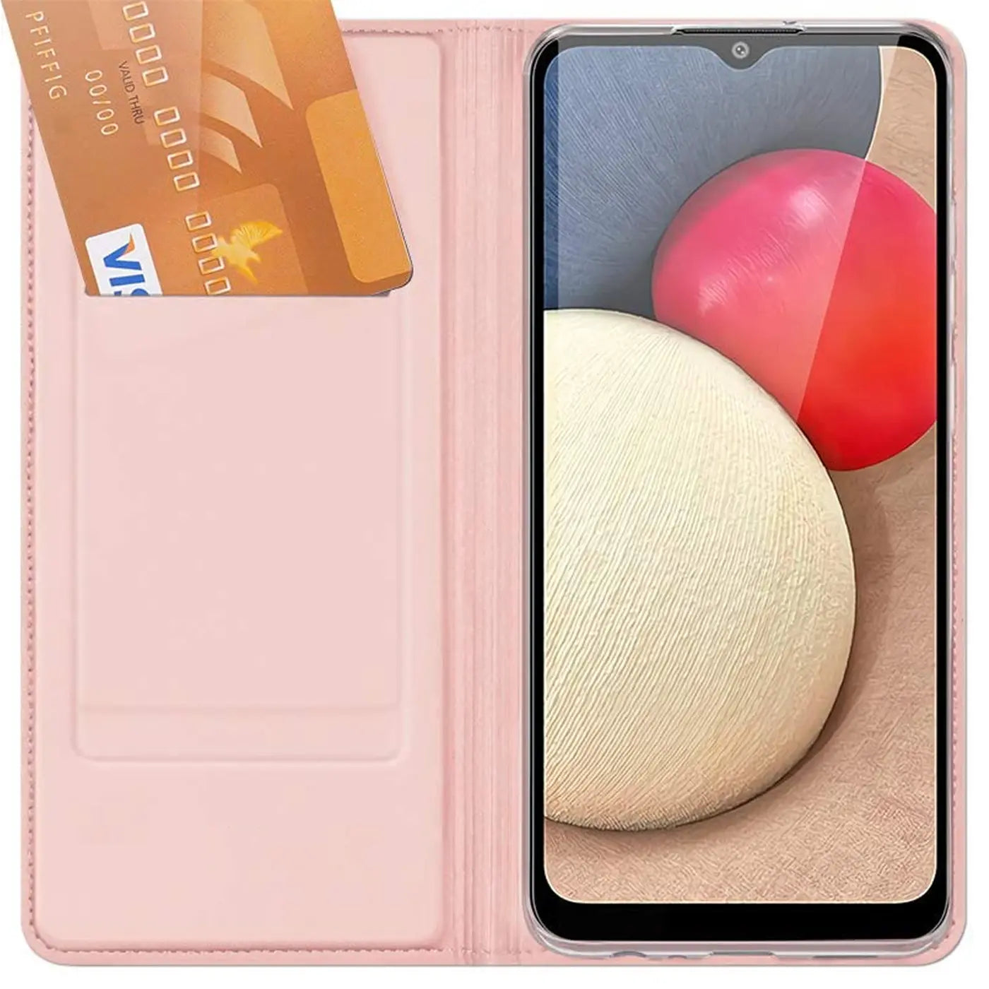 Rosa Kunstleder-Flip-Hülle mit Kartenfächern, Vorderansicht, zeigt Samsung Galaxy A03s.