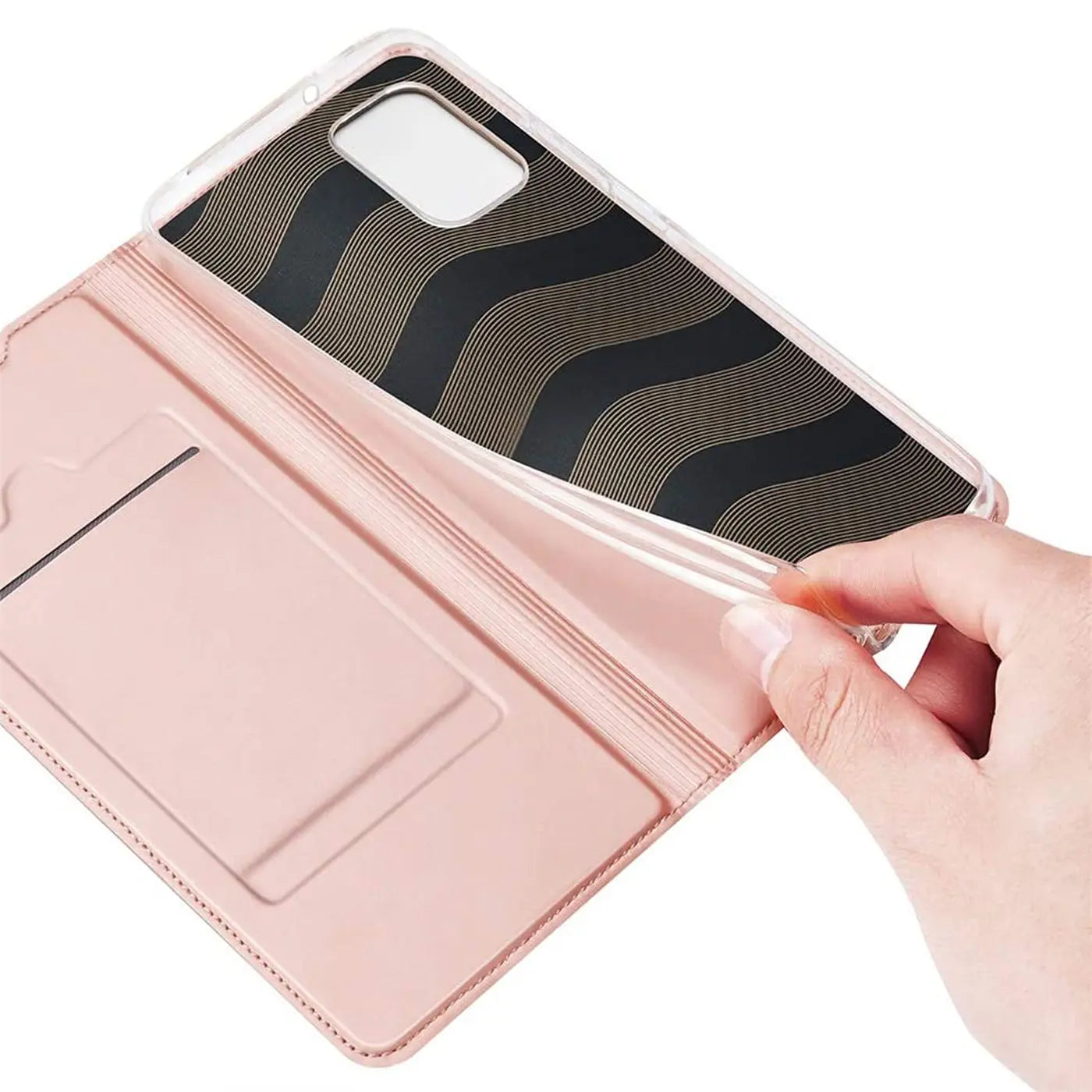 Rosa Leder-Flip-Hülle mit Kartenfach, zeigt Rückseite eines Samsung A03s.