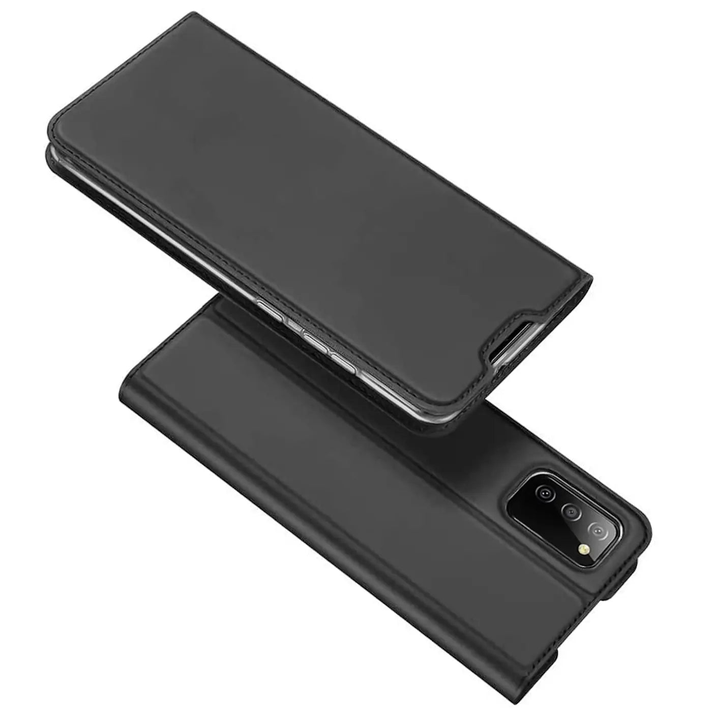 Schwarze Klapphülle aus Kunstleder für Samsung Galaxy A03s, von oben schräg fotografiert.