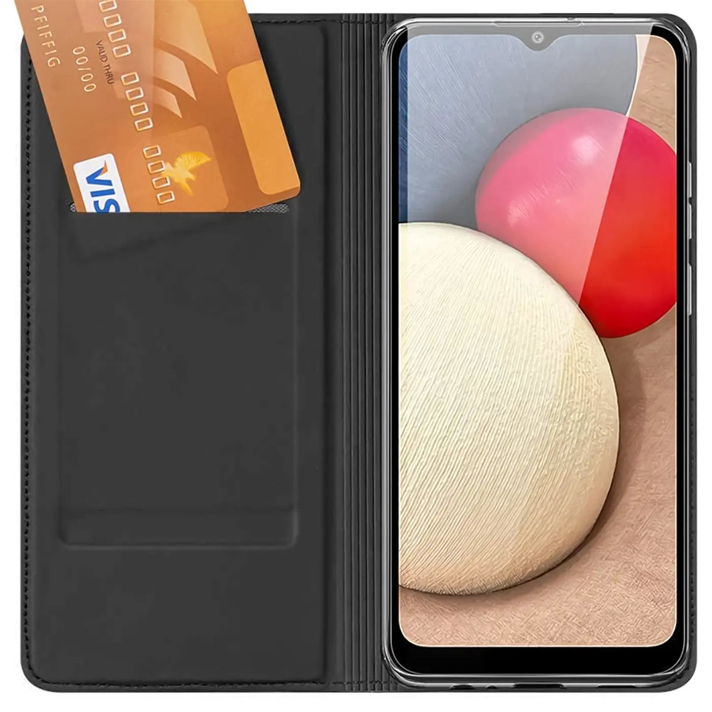Schwarze Leder-Flip-Hülle mit Kartenfach, zeigt Samsung Galaxy A03s.