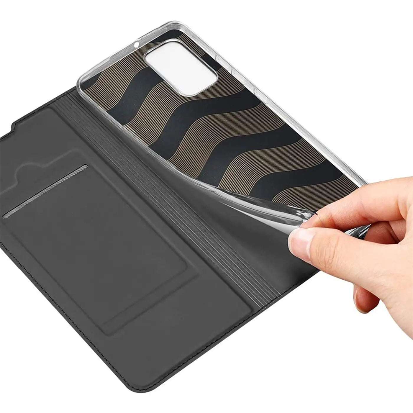 Graue Flip-Hülle aus Kunstleder mit Wellenmuster-Rückseite für Samsung A03s.