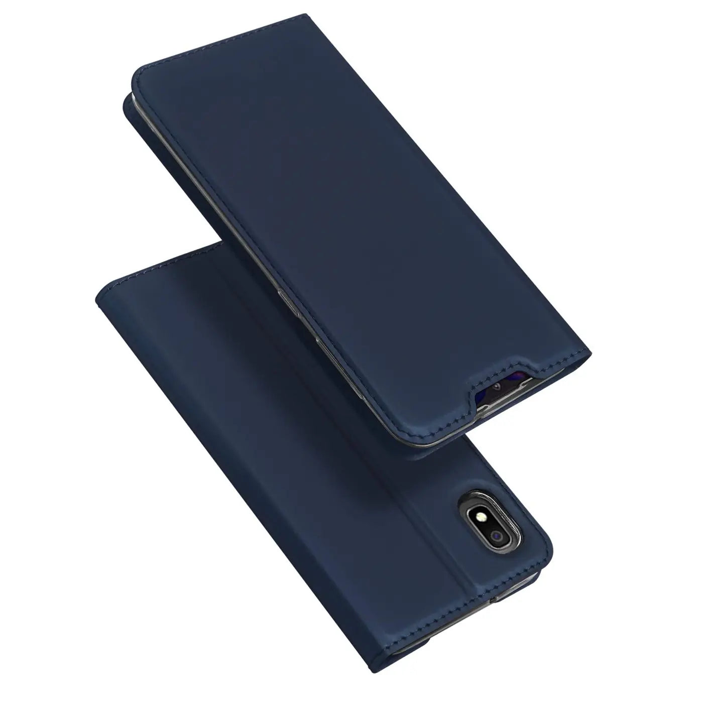 Dunkelblaue Leder-Flip-Hülle für Samsung Galaxy A10, von oben schräg fotografiert.