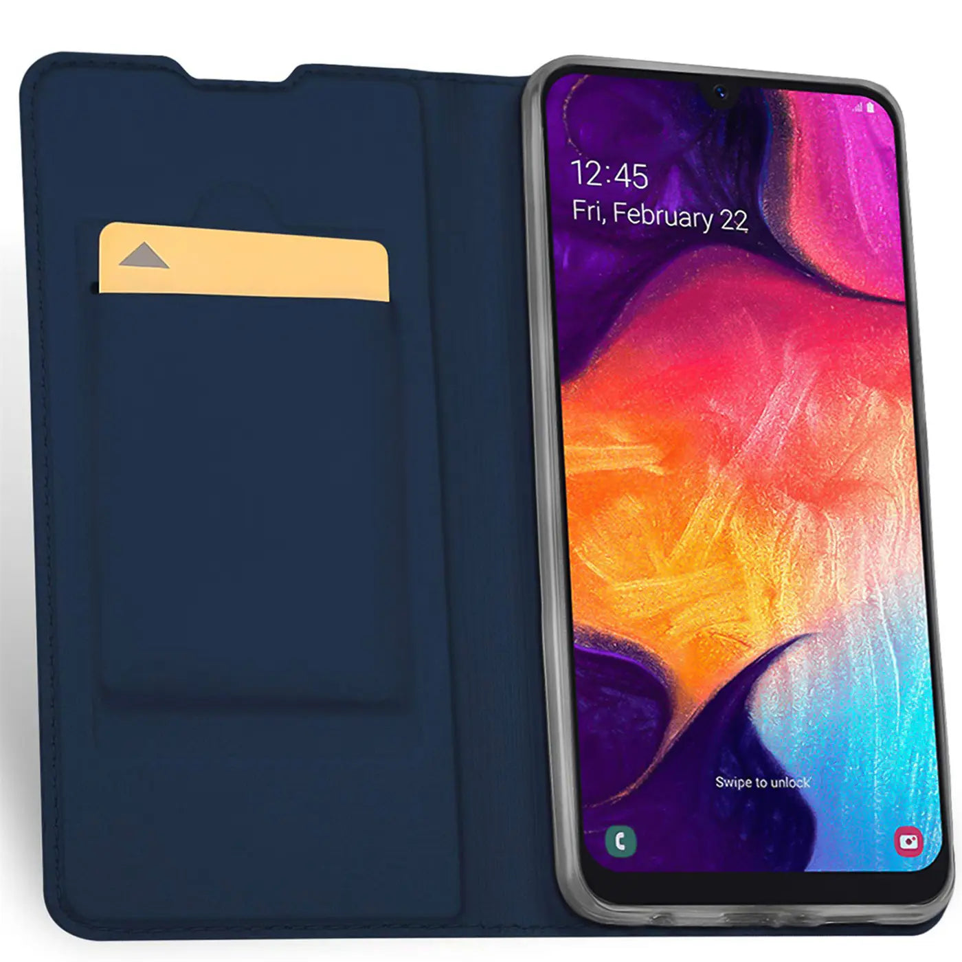 Dunkelblaue Kunstleder-Flip-Hülle mit Kartenfach, zeigt ein Smartphone mit buntem Hintergrund.