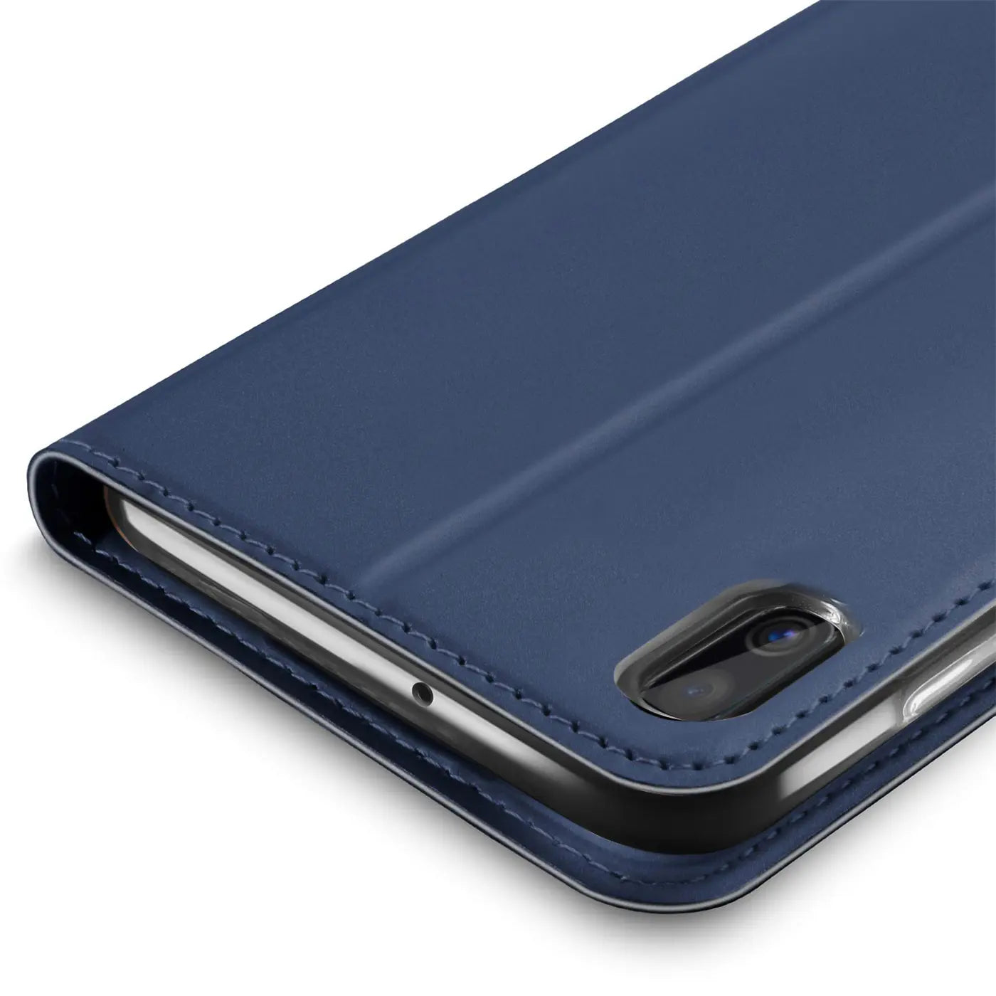 Blaue Kunstleder-Flip-Hülle für Samsung Galaxy A10, Nahaufnahme, von oben links