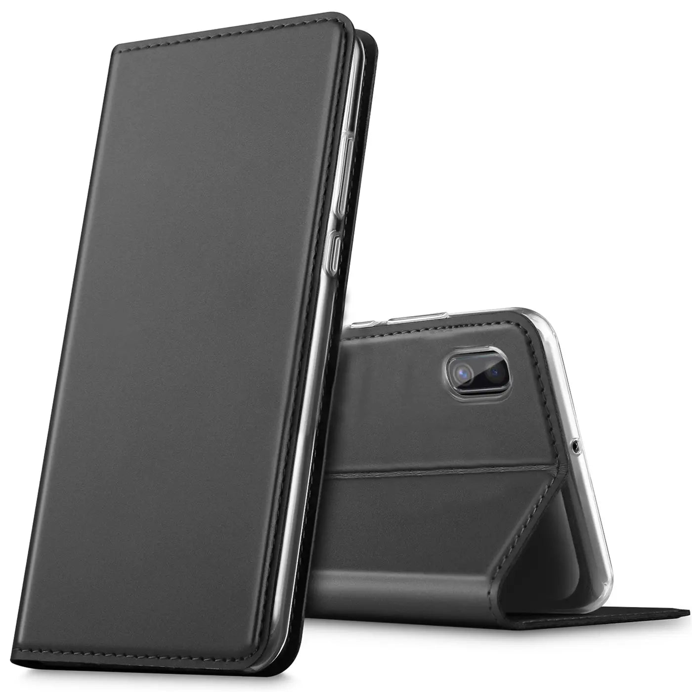 Graue Leder-Flip-Hülle, seitliche Ansicht, für Samsung Galaxy A10