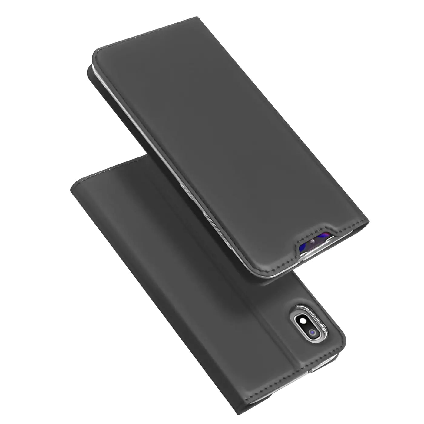 Graue Kunstleder-Flip-Hülle für Samsung Galaxy A10, von vorne/oben gesehen