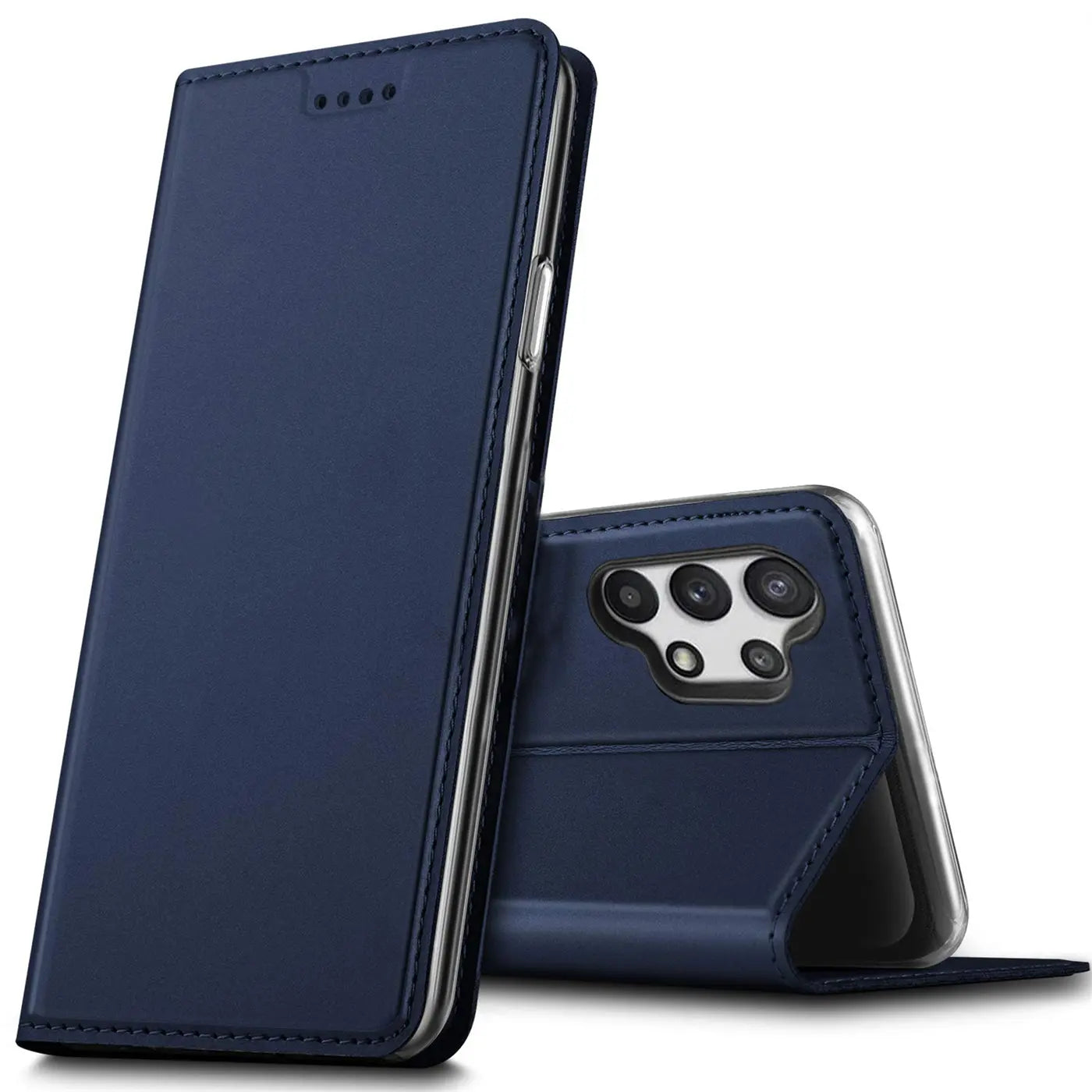 Dunkelblaue Leder-Flip-Hülle für Samsung Galaxy A13 4G, von vorne und hinten gezeigt.