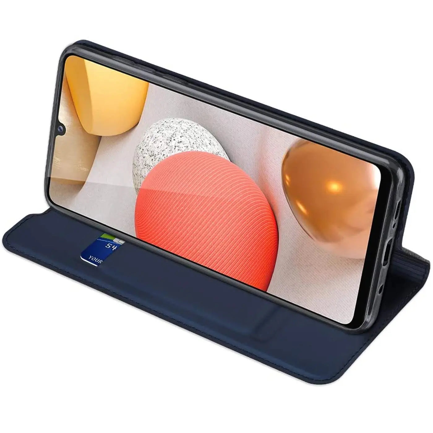 Dunkelblaue Kunstleder-Flip-Hülle mit Kartenfach, zeigt Samsung Galaxy A13 4G, von vorne.