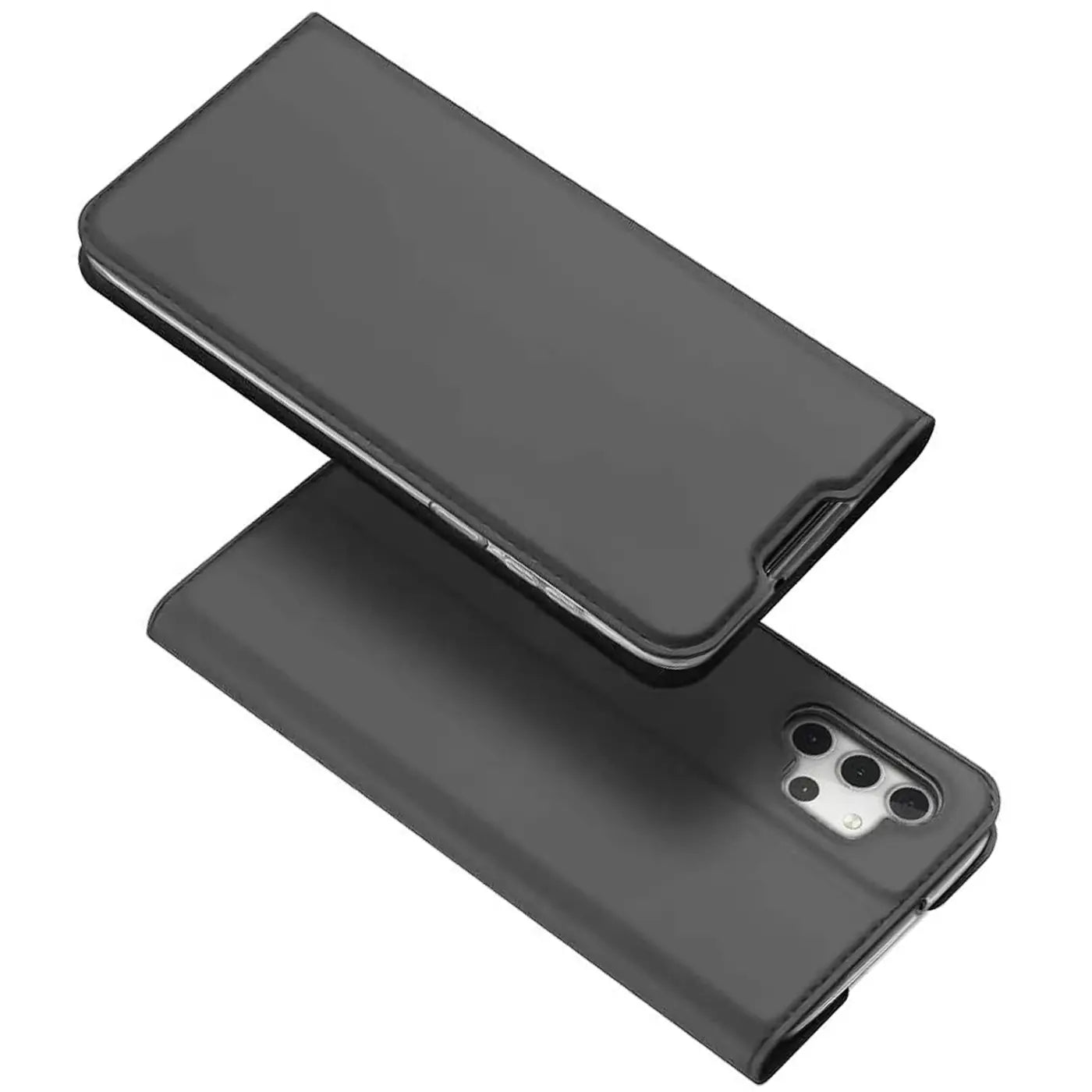 Graue Kunstleder-Flip-Hülle, von oben schräg, zeigt Rückseite Samsung Galaxy A13 4G.
