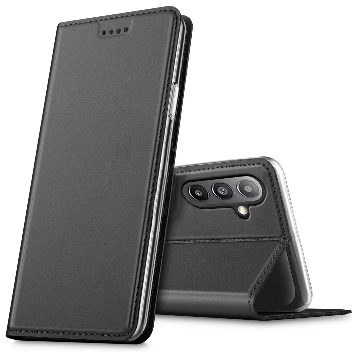 Schwarze Leder-Flip-Hülle, Vorder- und Rückansicht, für Samsung Galaxy A13 5G / A04s.