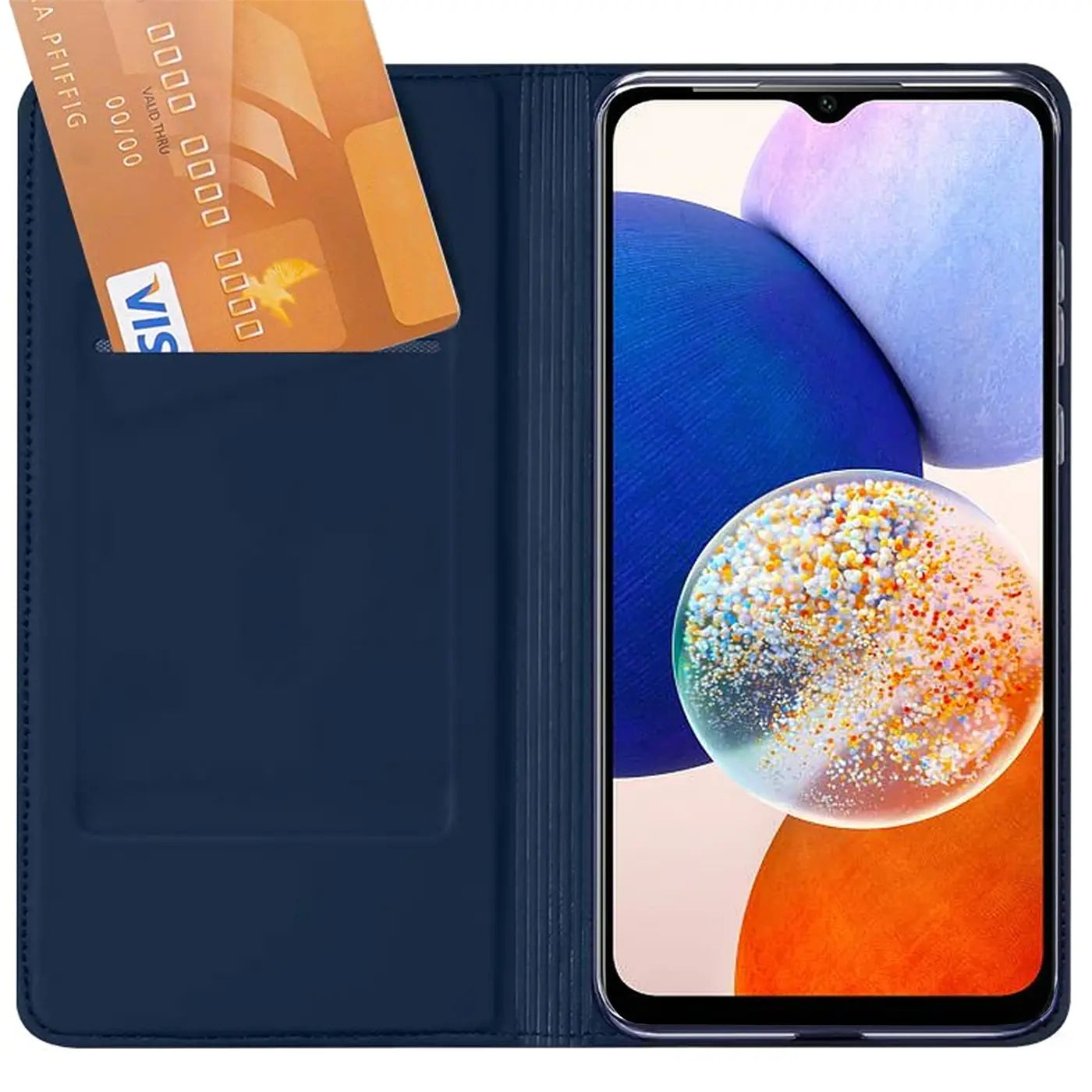 Dunkelblaue Kunstleder-Flip-Hülle mit Kartenfach, zeigt Samsung Galaxy A14 5G.