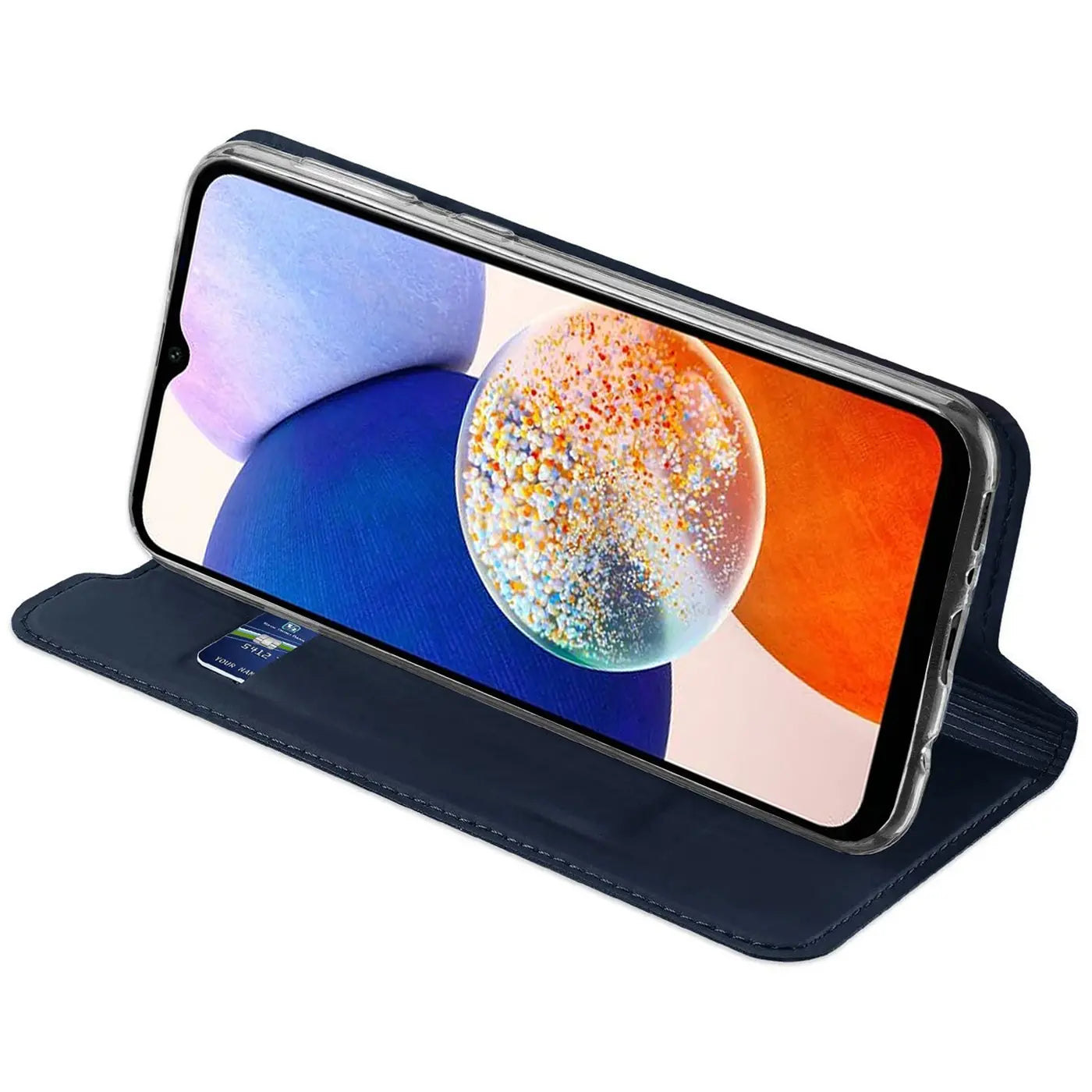 Dunkelblaue Kunstleder-Flip-Hülle mit Samsung Galaxy A14 5G, von schräg oben