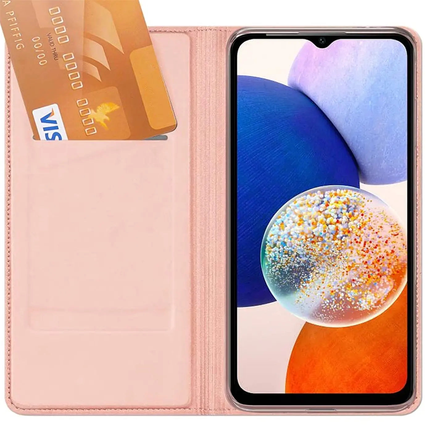 Rosa Klapphülle aus Kunstleder mit Kartenfächern, zeigt Samsung Galaxy A14 5G.