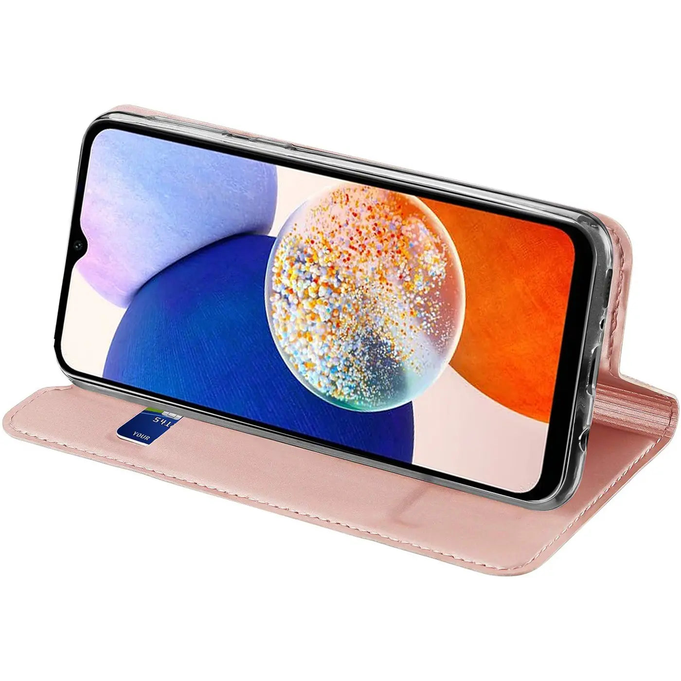 Rosa Kunstleder-Flip-Hülle mit Kreditkartenfach, Samsung Galaxy A14 4G/5G, Seitenansicht.