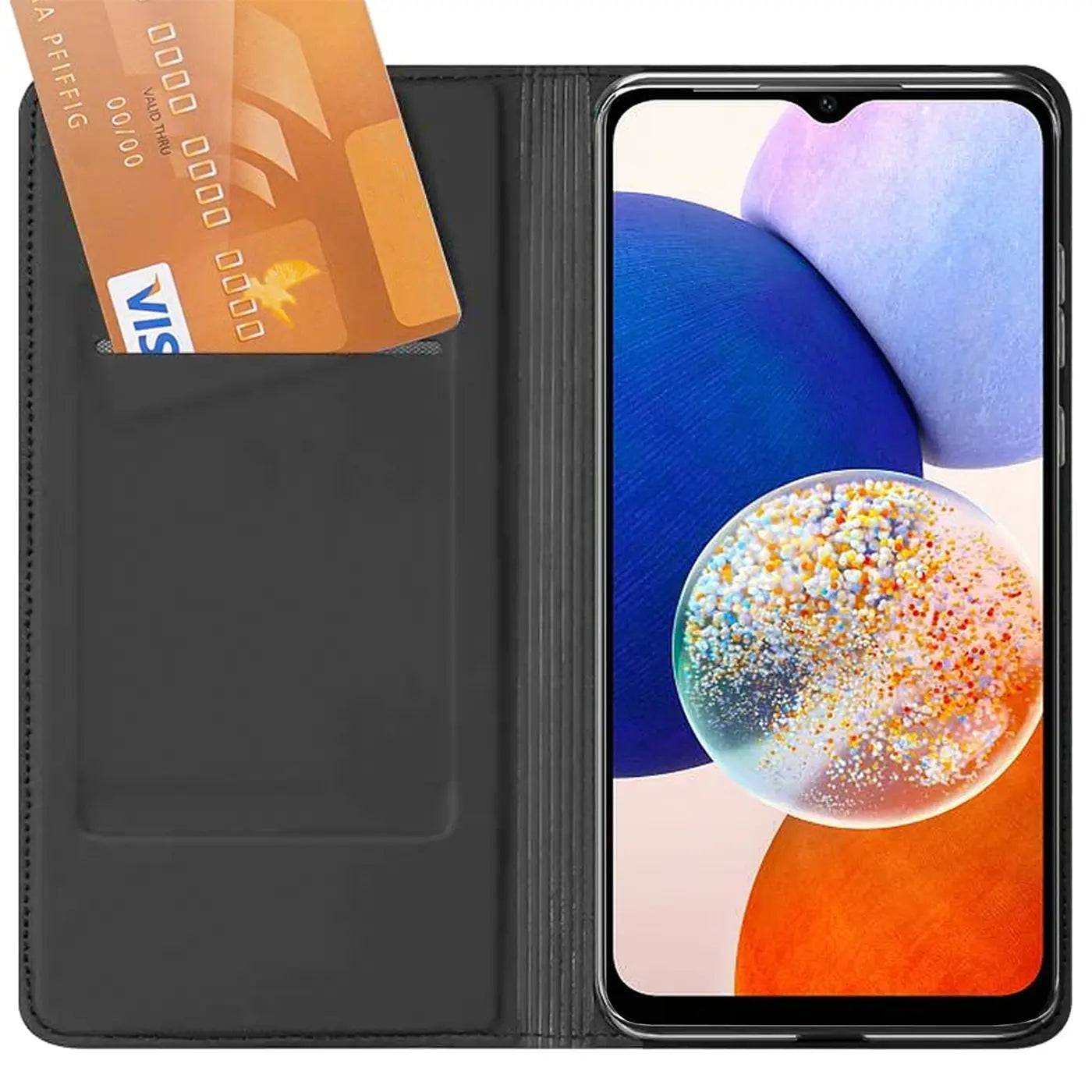 Schwarze Kunstleder-Flip-Hülle mit Kartenfach, zeigt Samsung Galaxy A14 5G.