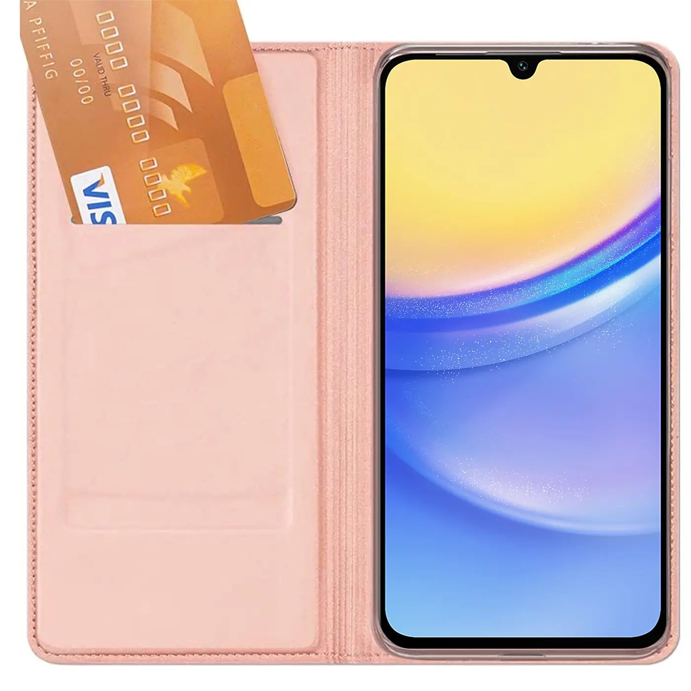 Rosa Kunstleder-Flip-Hülle mit Kartenfächern, zeigt ein Samsung Galaxy A15 4G/5G.