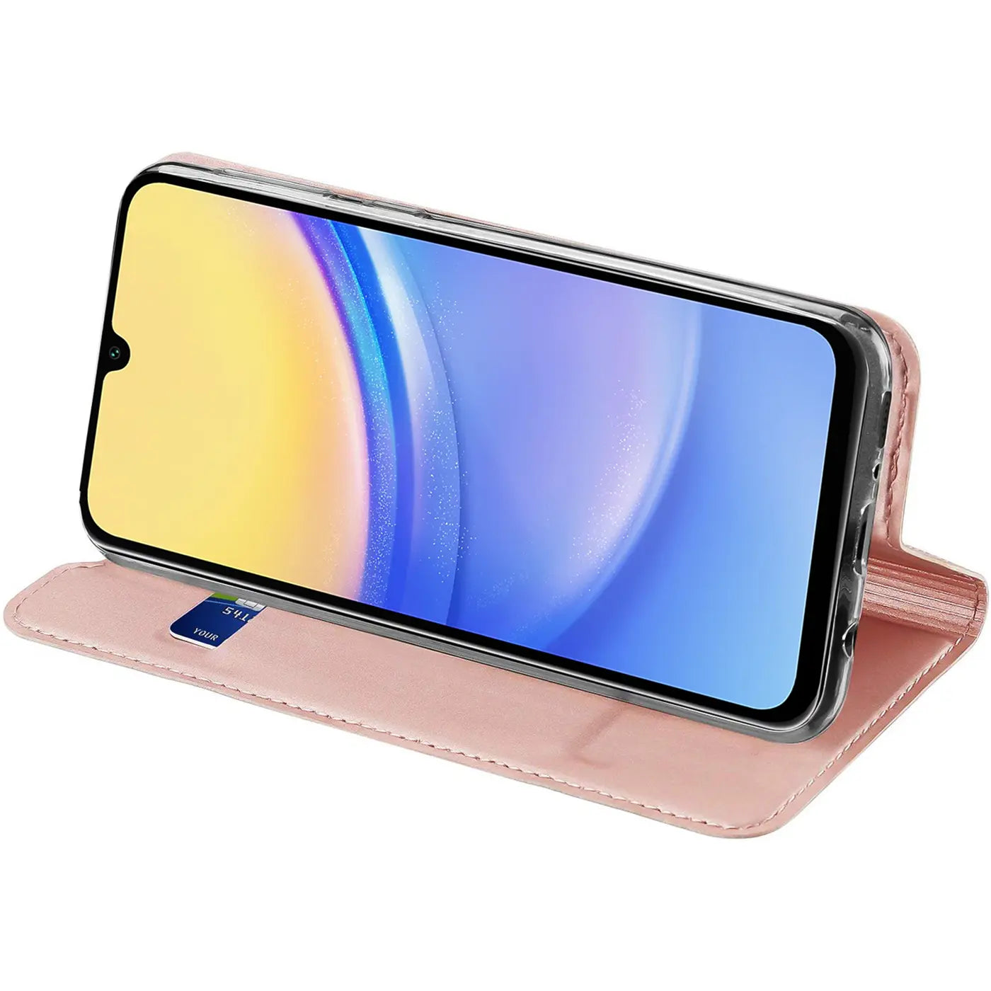 Rosa Kunstleder-Flip-Hülle für Samsung Galaxy A15, seitliche Ansicht.
