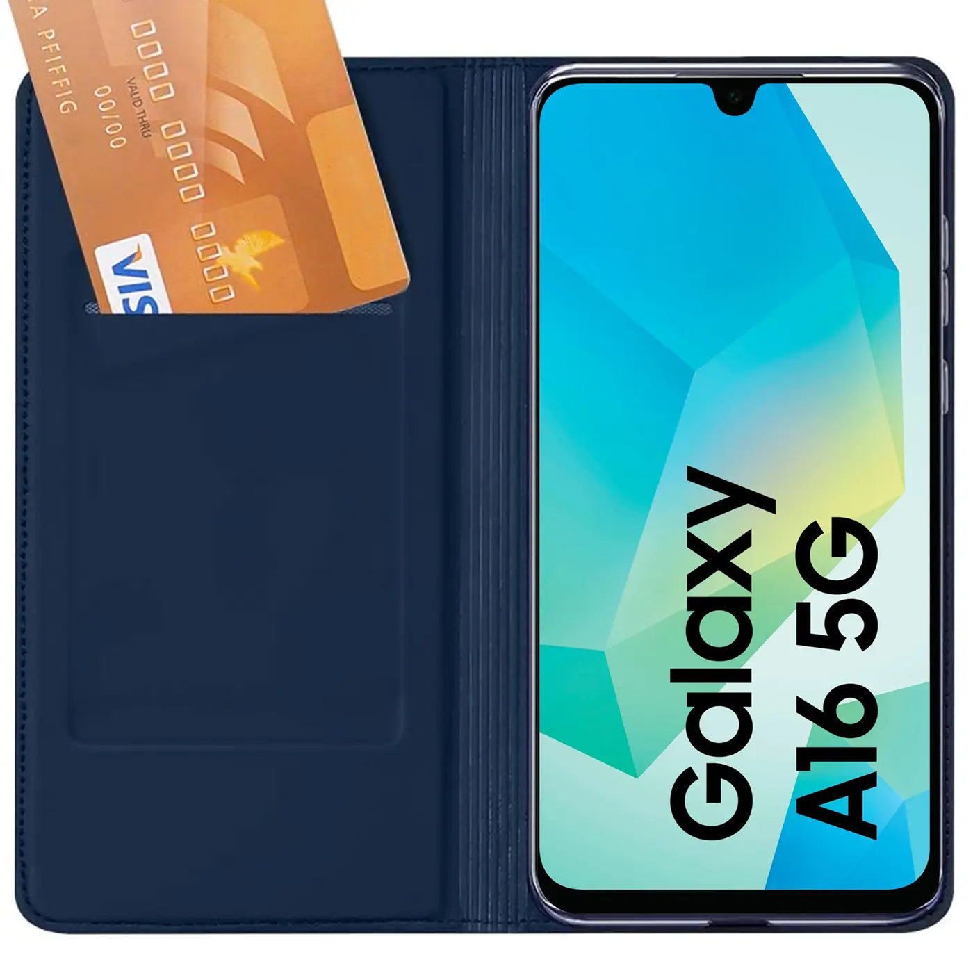 Dunkelblaue Kunstleder-Flip-Hülle mit Kartenfach und Samsung Galaxy A16 5G.