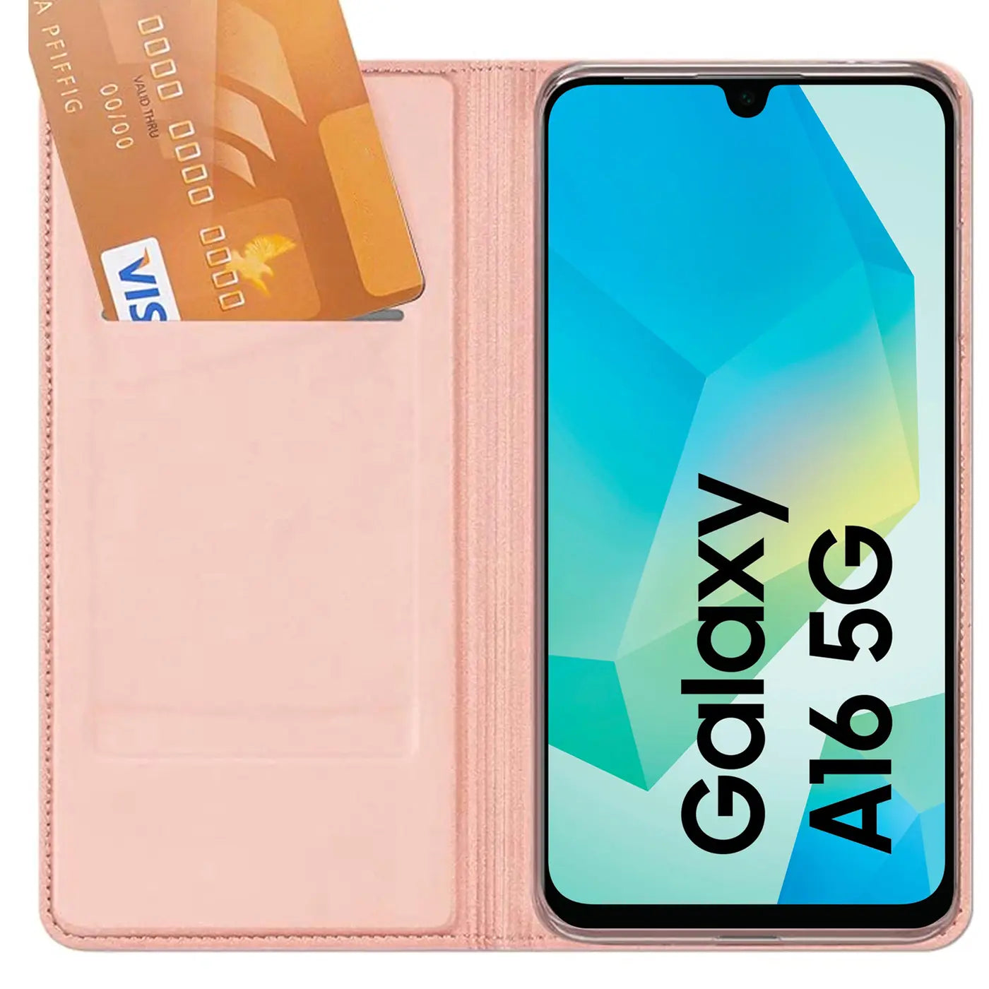 Rosa Kunstleder-Flip-Hülle mit Kartenfächern, zeigt Samsung Galaxy A16 5G.