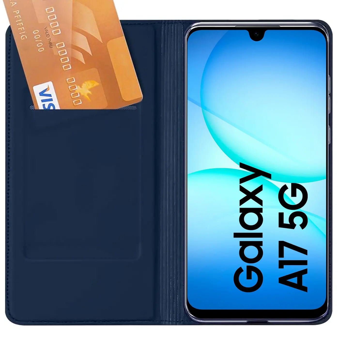 Dunkelblaue Kunstleder-Flip-Hülle mit Kartenfach für Samsung Galaxy A17 5G.